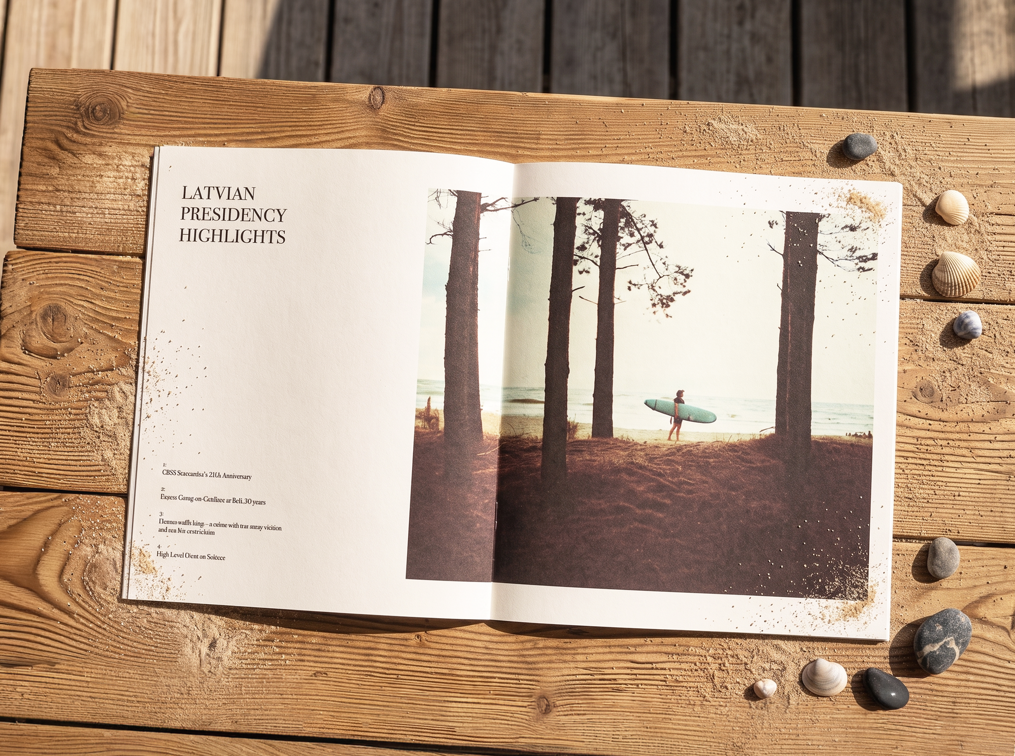 Annual report lying on a table with sand and pebbles beside it