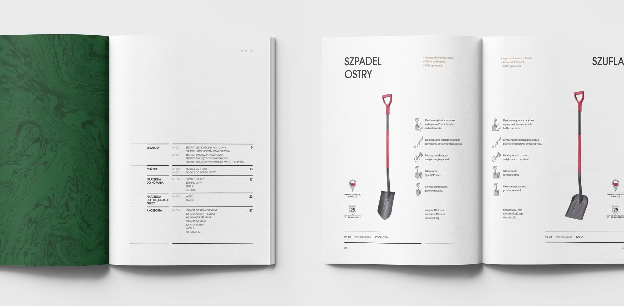 A green endpaper, the table of contents and the spade and shovel pages of the garden catalogue