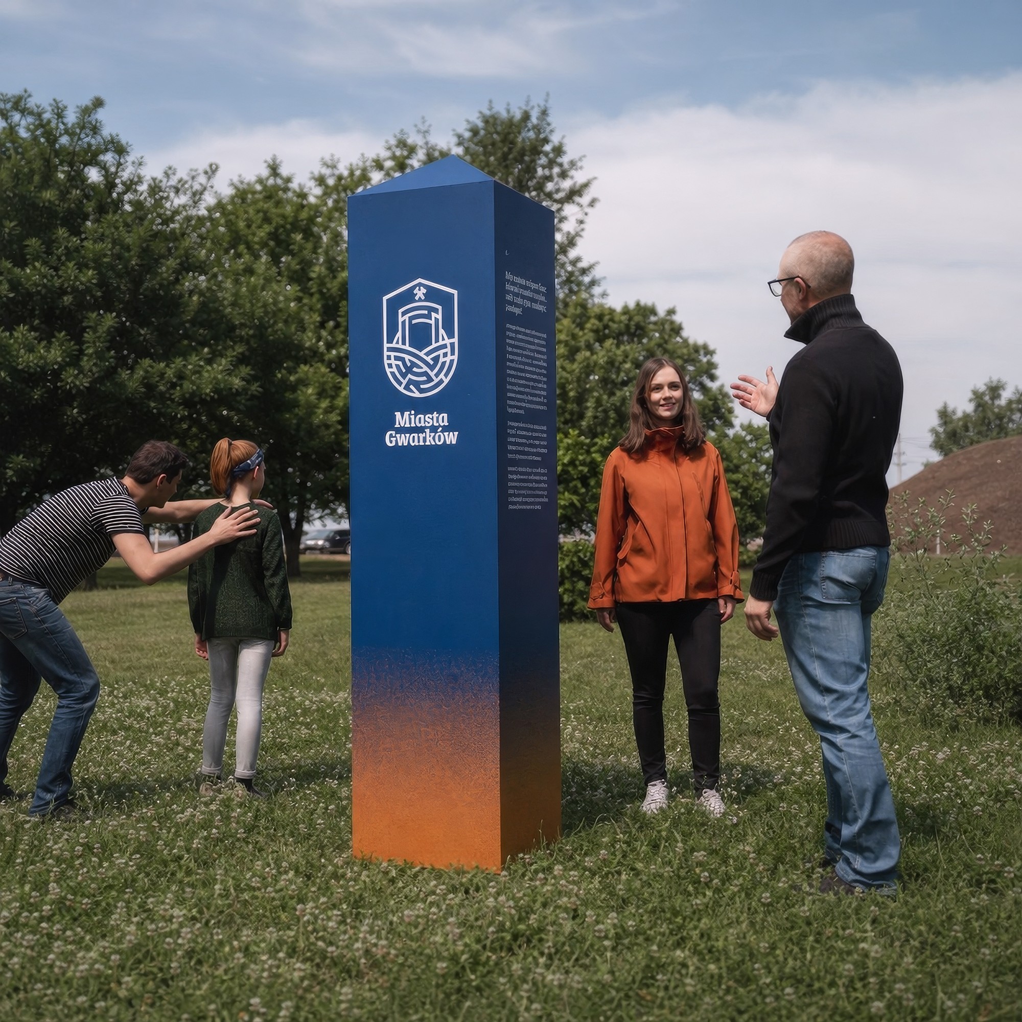 A family by the navy-and-orange Miasta Gwarków information post on a meadow, a spoil heap behind