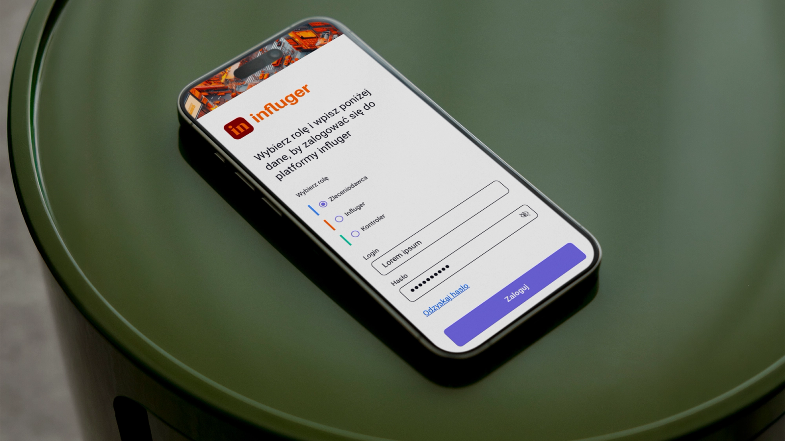 A phone showing the Influger sign-in screen