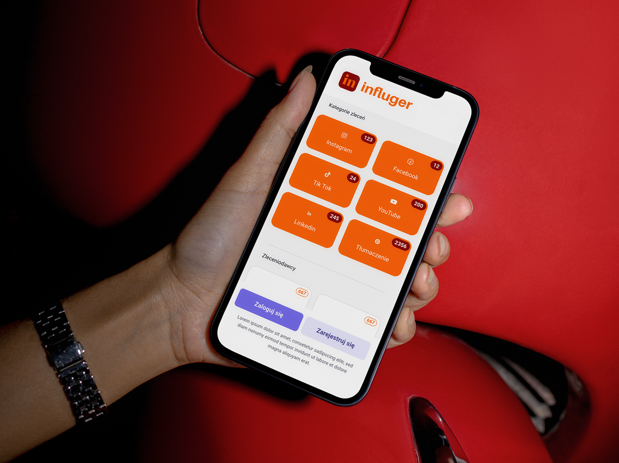 A woman's hand holding a phone with the category view in the Influger app