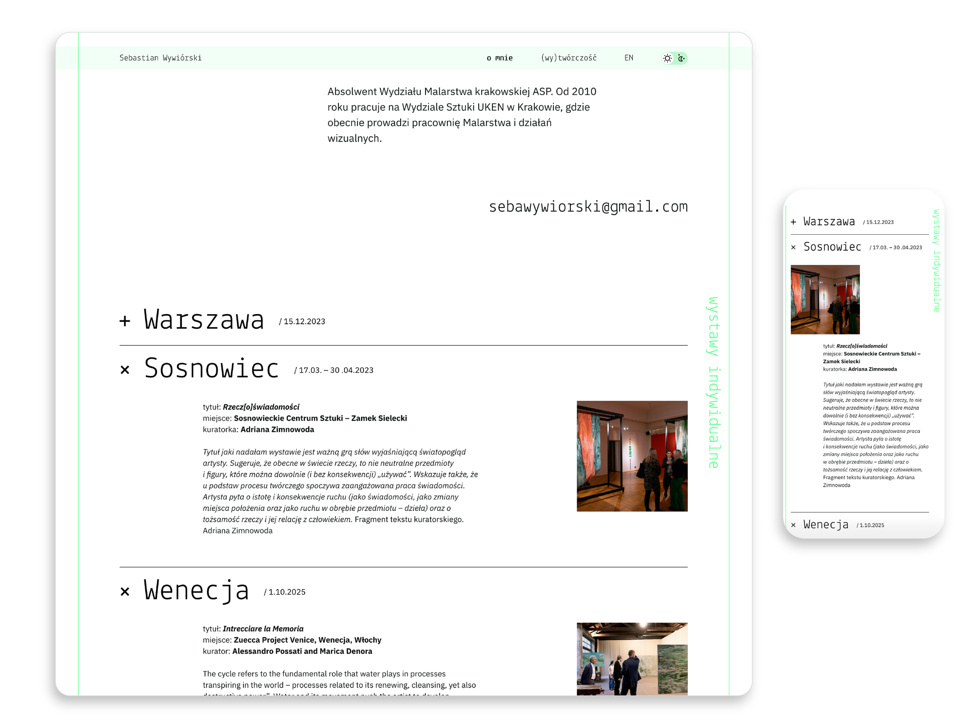 Exhibitions page of Sebastian Wywiórski's website – light mode, desktop and mobile views