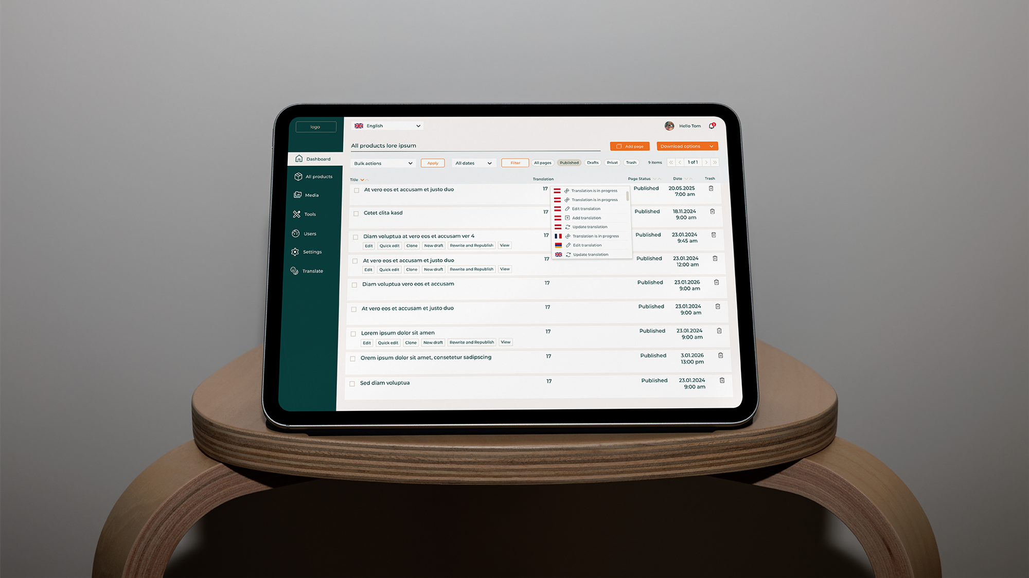 SaaS application interface on iPad