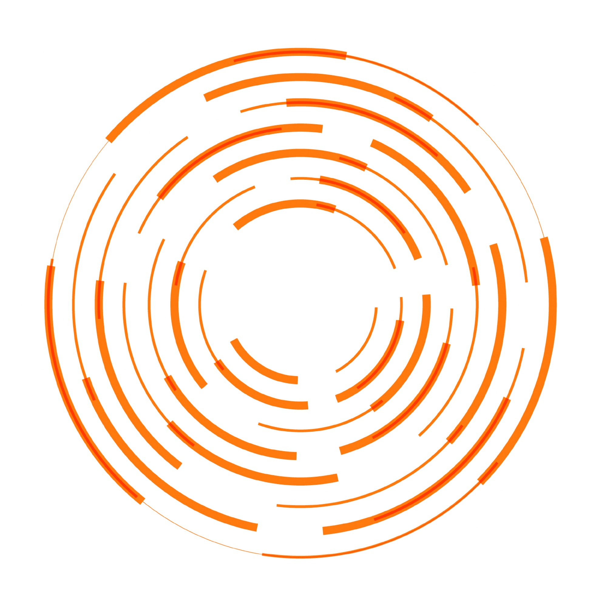 An orange graphic element made of concentric, dashed circles