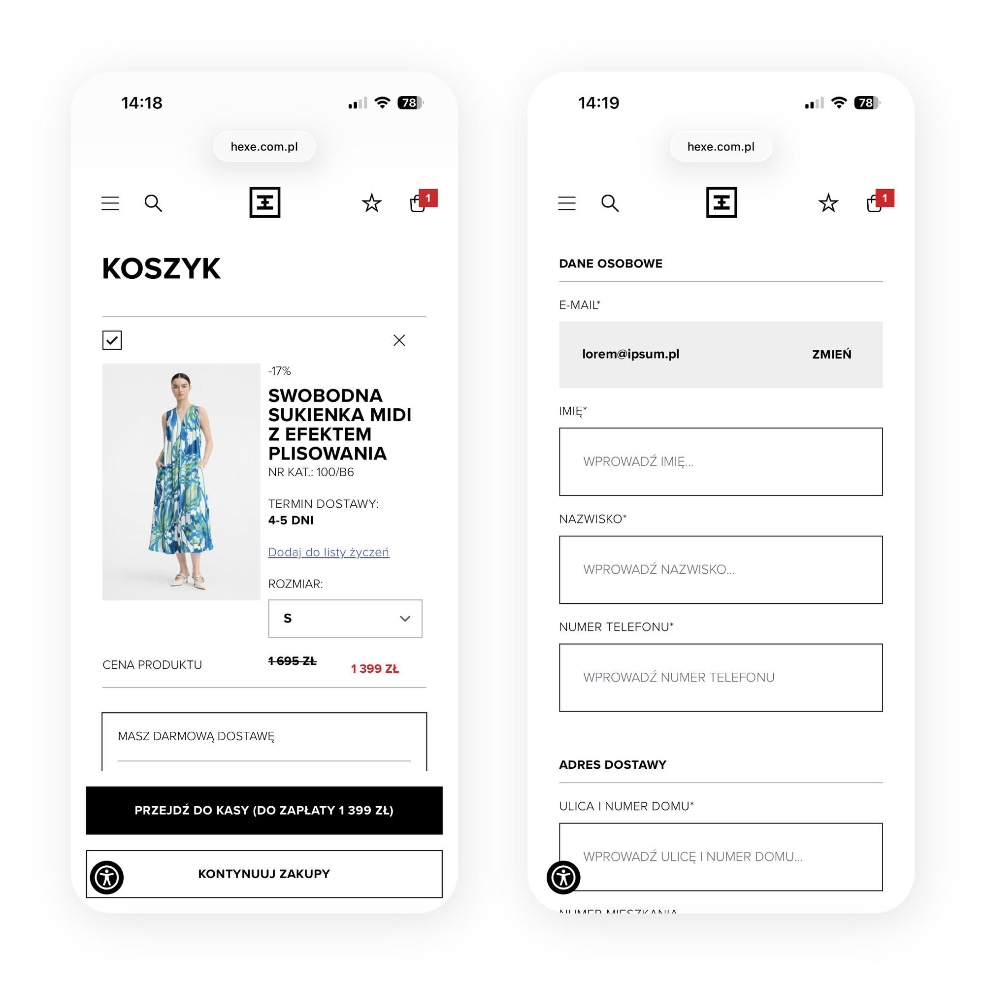 Hexeline cart and checkout on mobile