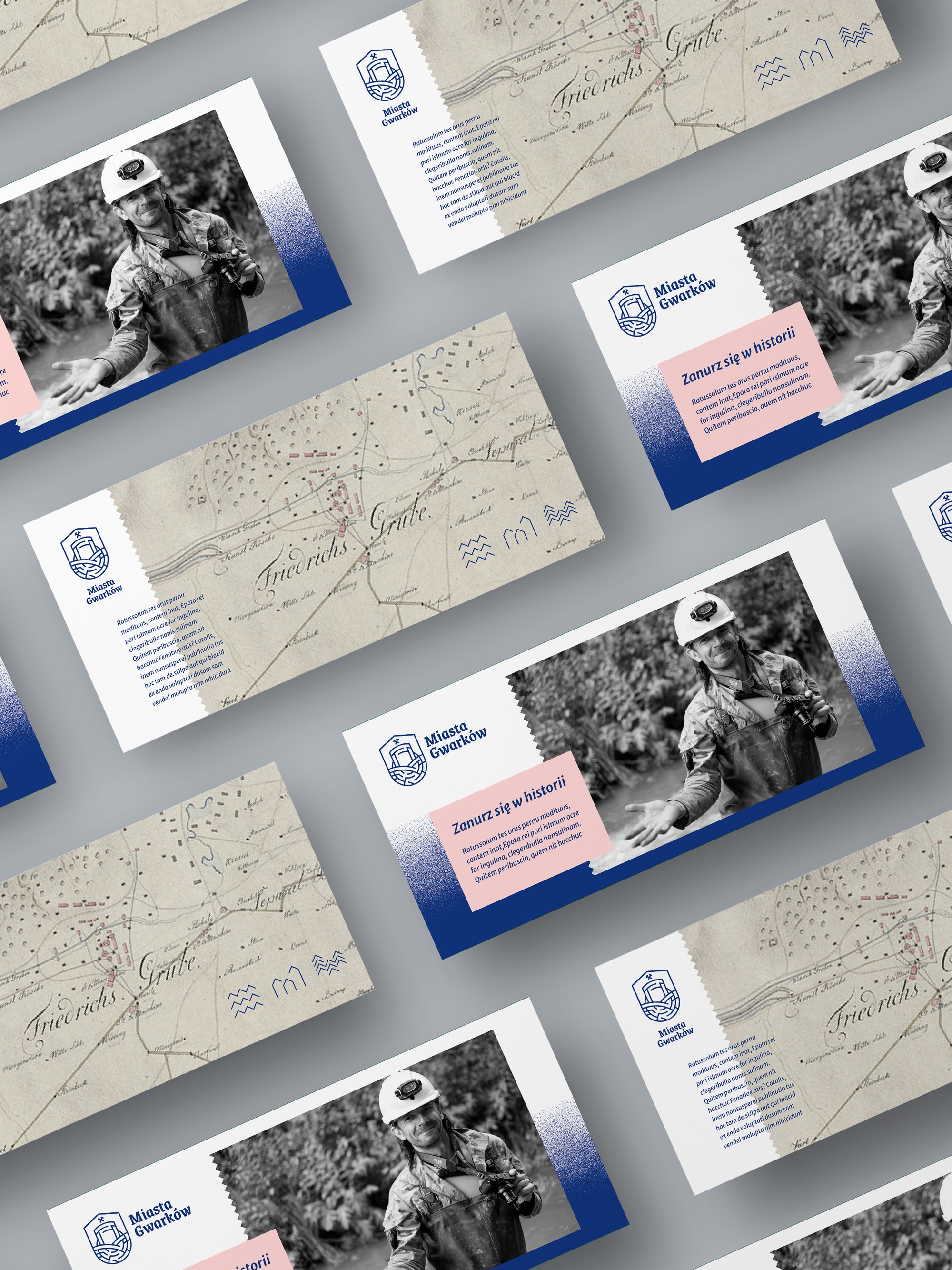 A grid of DL leaflets with an archival map, a black-and-white miner photograph and a pink label