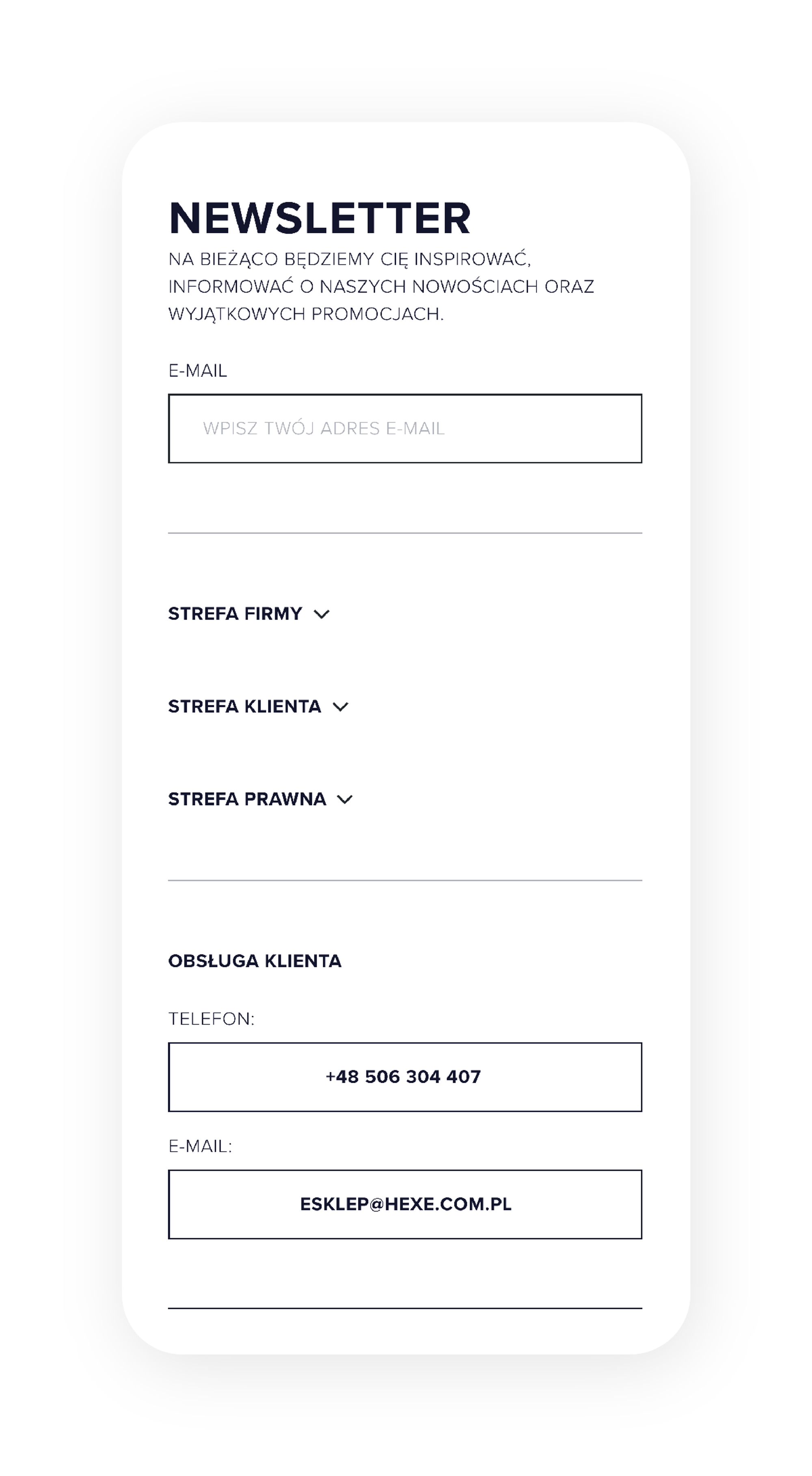Hexeline newsletter and footer on mobile