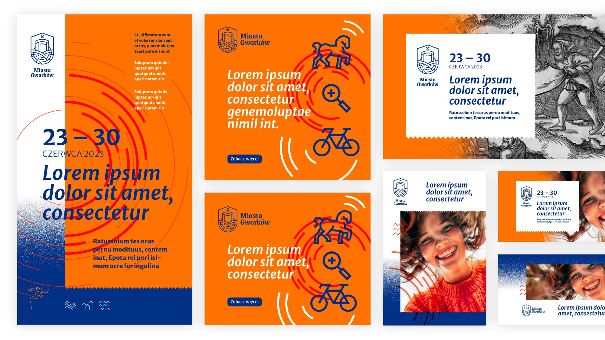 A set of Miasta Gwarków social posts, stories and web banners in various formats