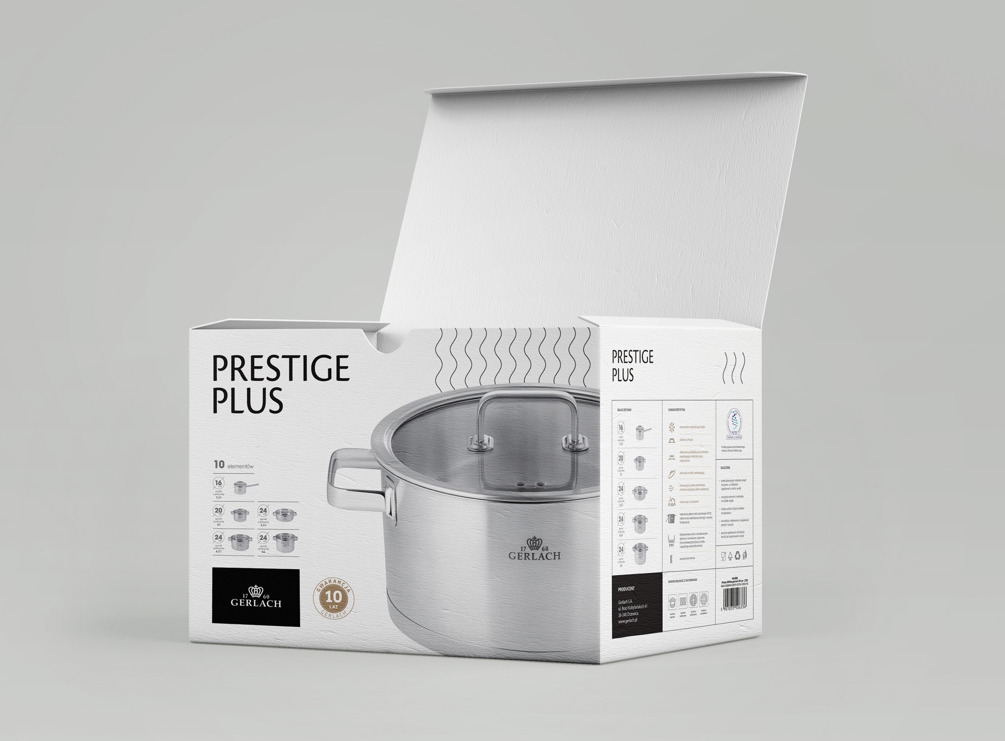 The white box of the Prestige Plus cookware set