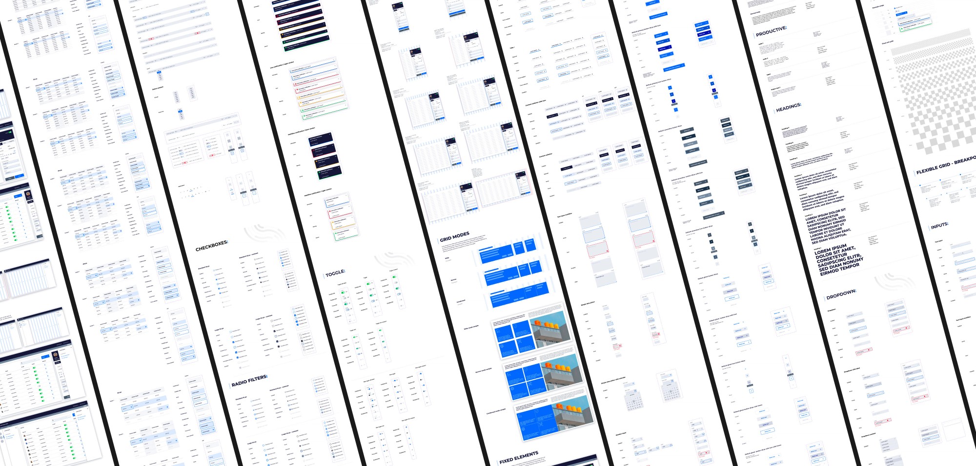 Novacura design system boards: toggles, tables, pagination and filters