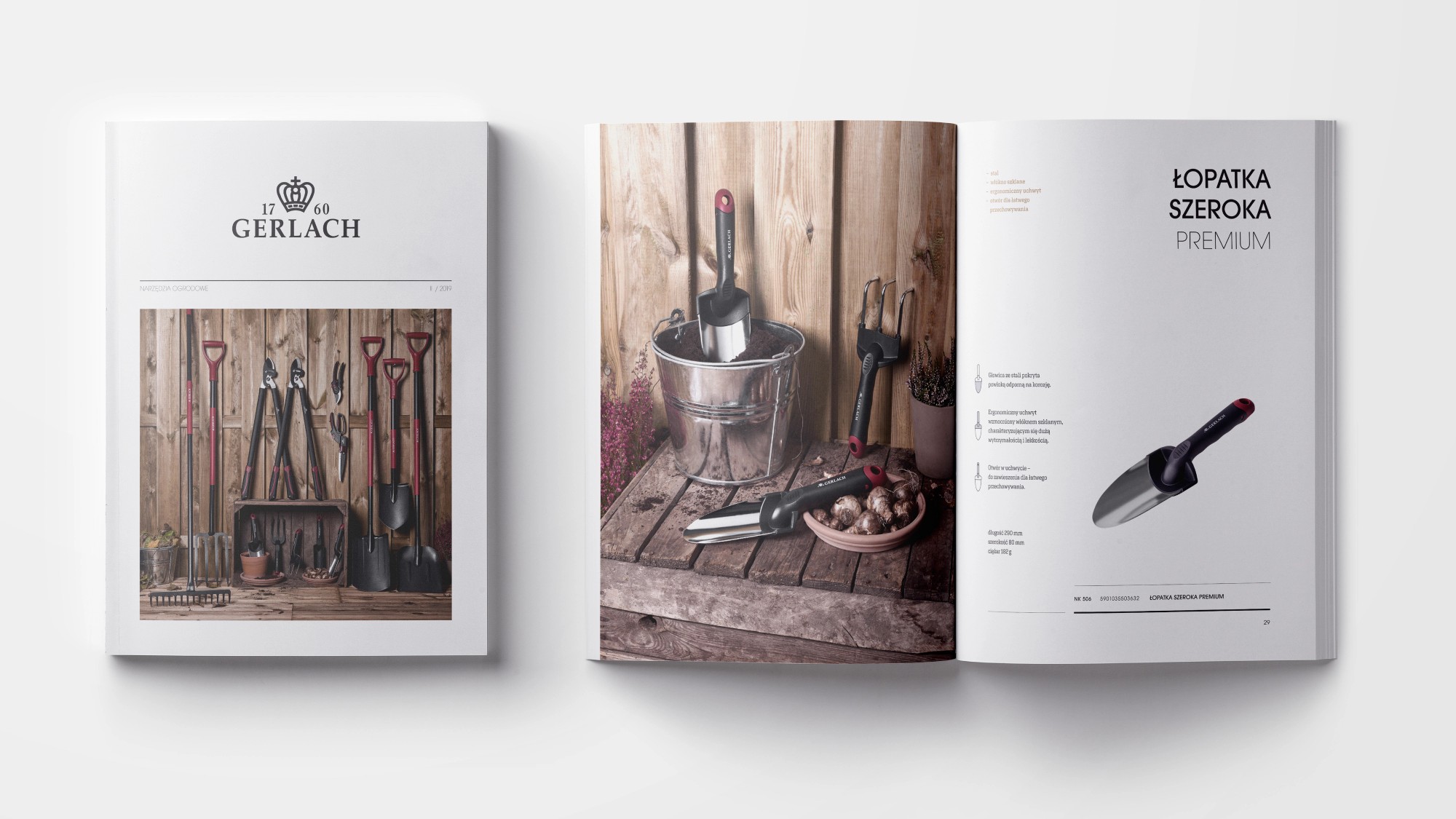 The cover of the Gerlach garden tools catalogue and the premium wide trowel page