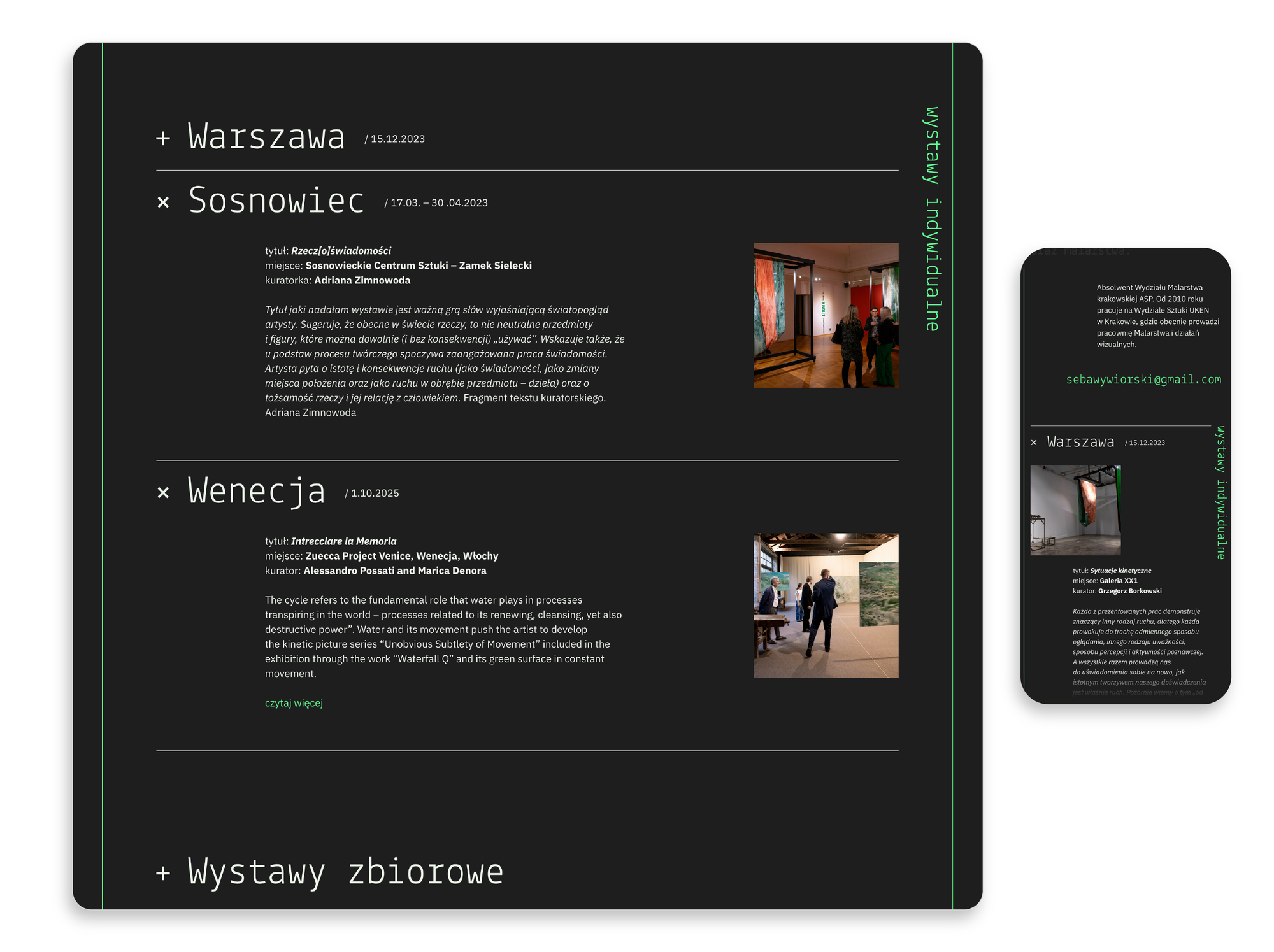 Dark mode view of Sebastian Wywiórski's website – desktop and mobile