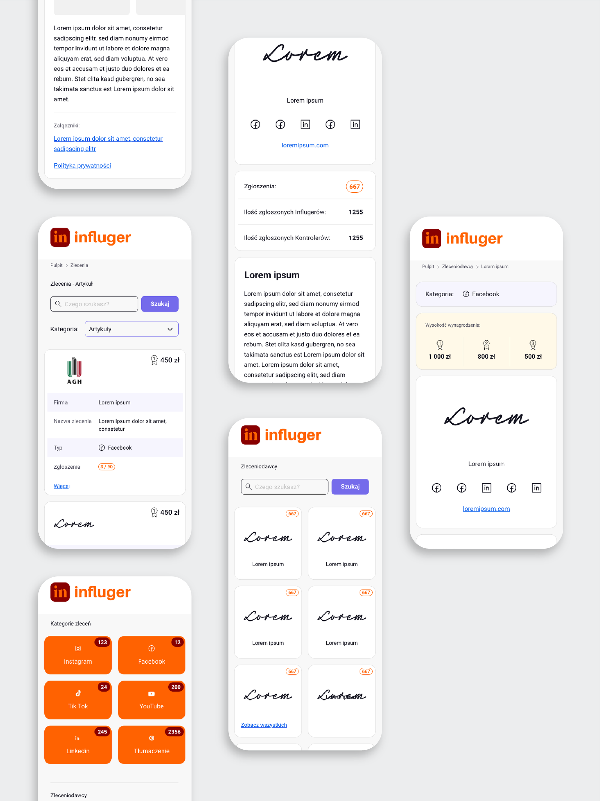 Selected mobile views of the Influger app