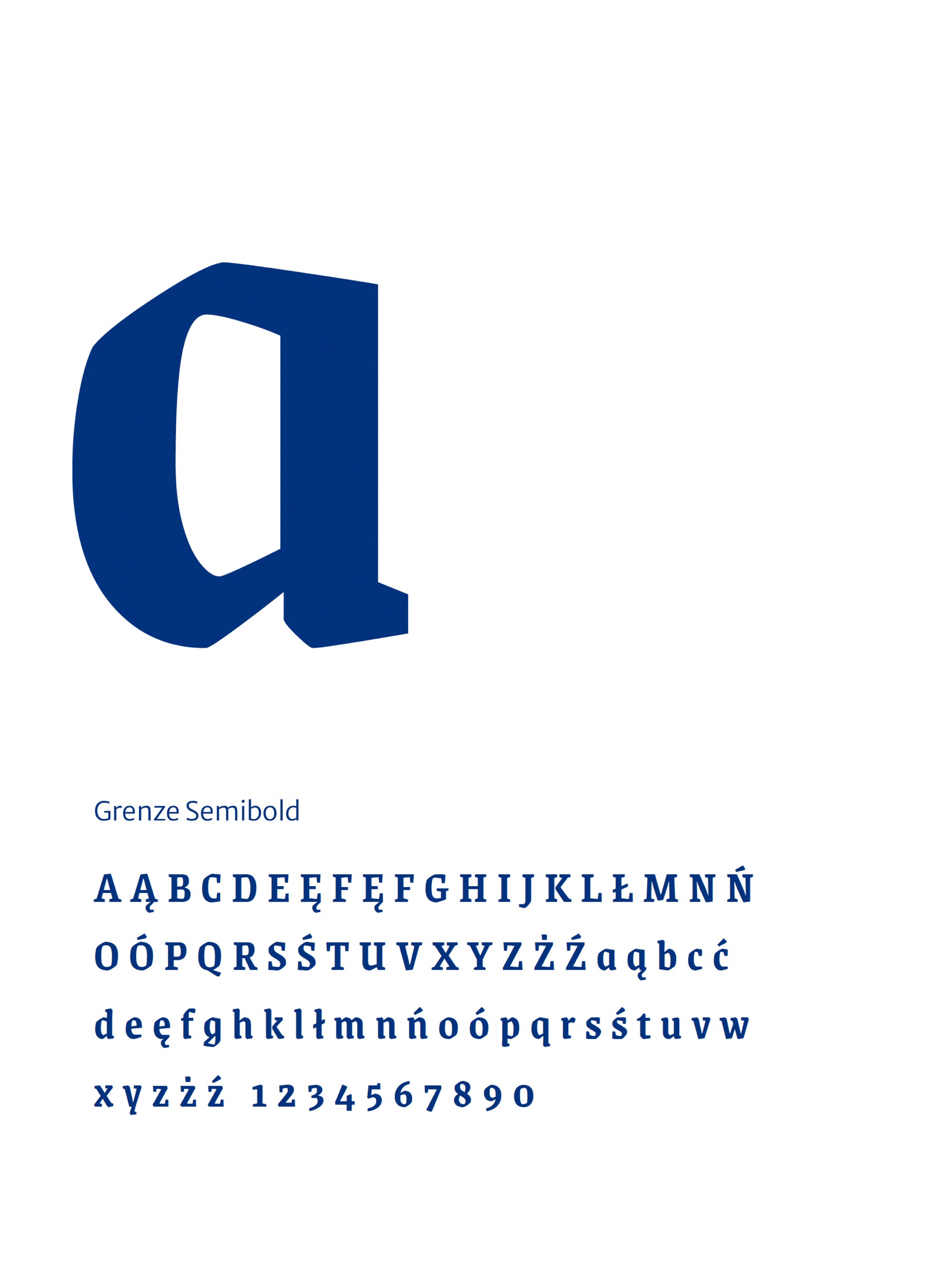 Type specimen: letter “a” and the full Grenze SemiBold alphabet in navy