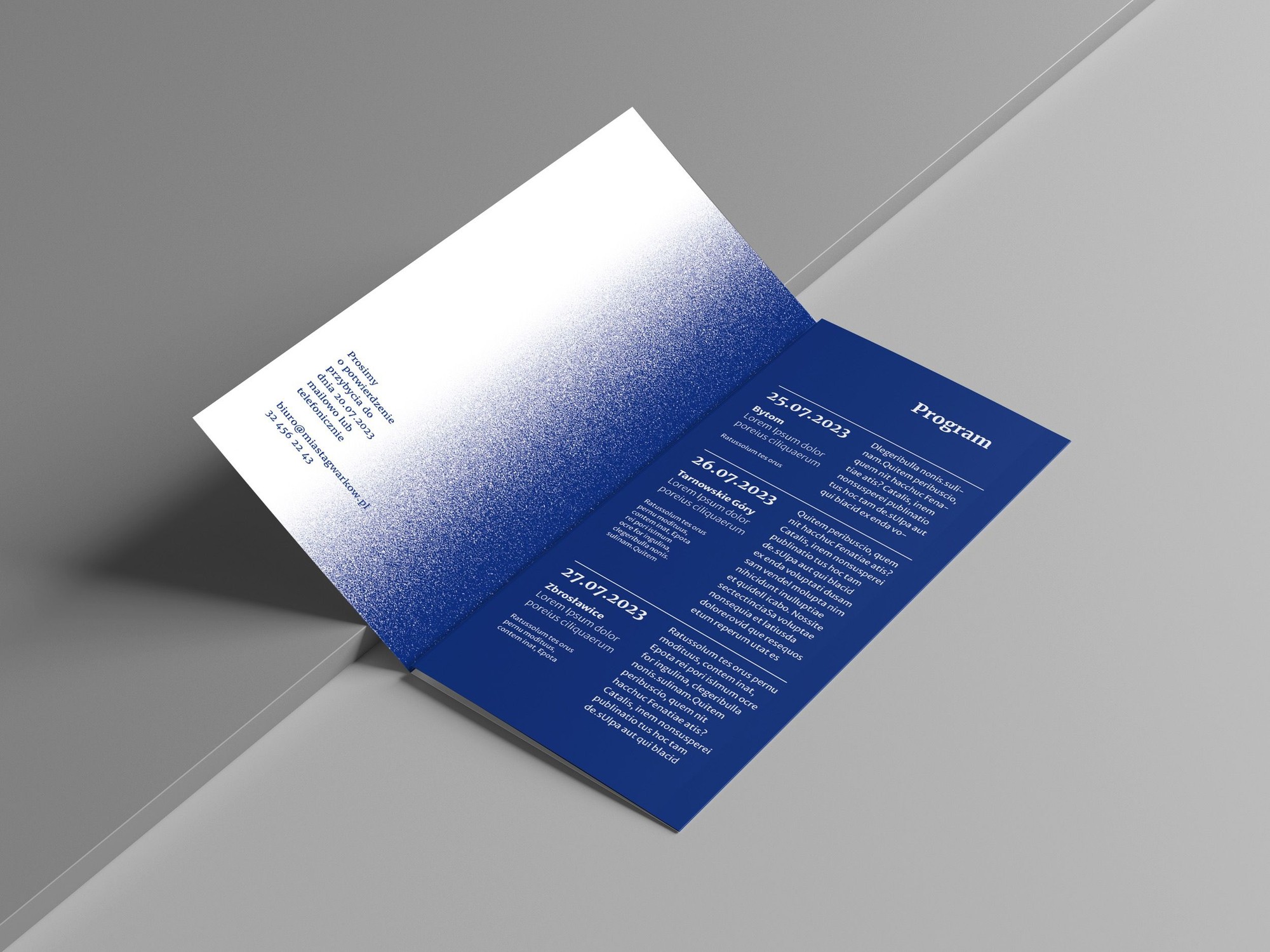 An open invitation with a navy interior and the programme set in white type
