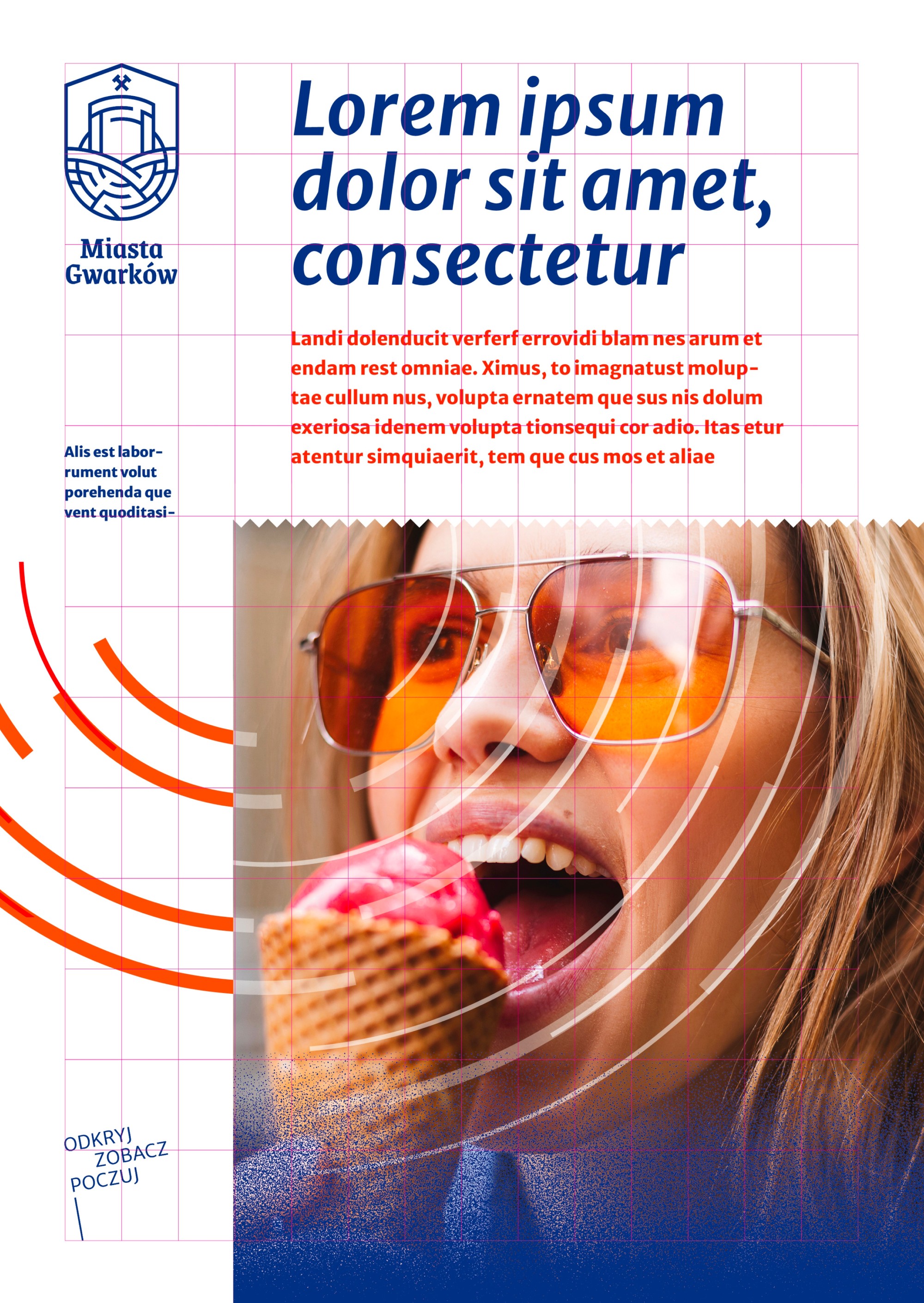 A Miasta Gwarków poster: a laughing woman in orange sunglasses eating ice cream, rings and a zigzag around her