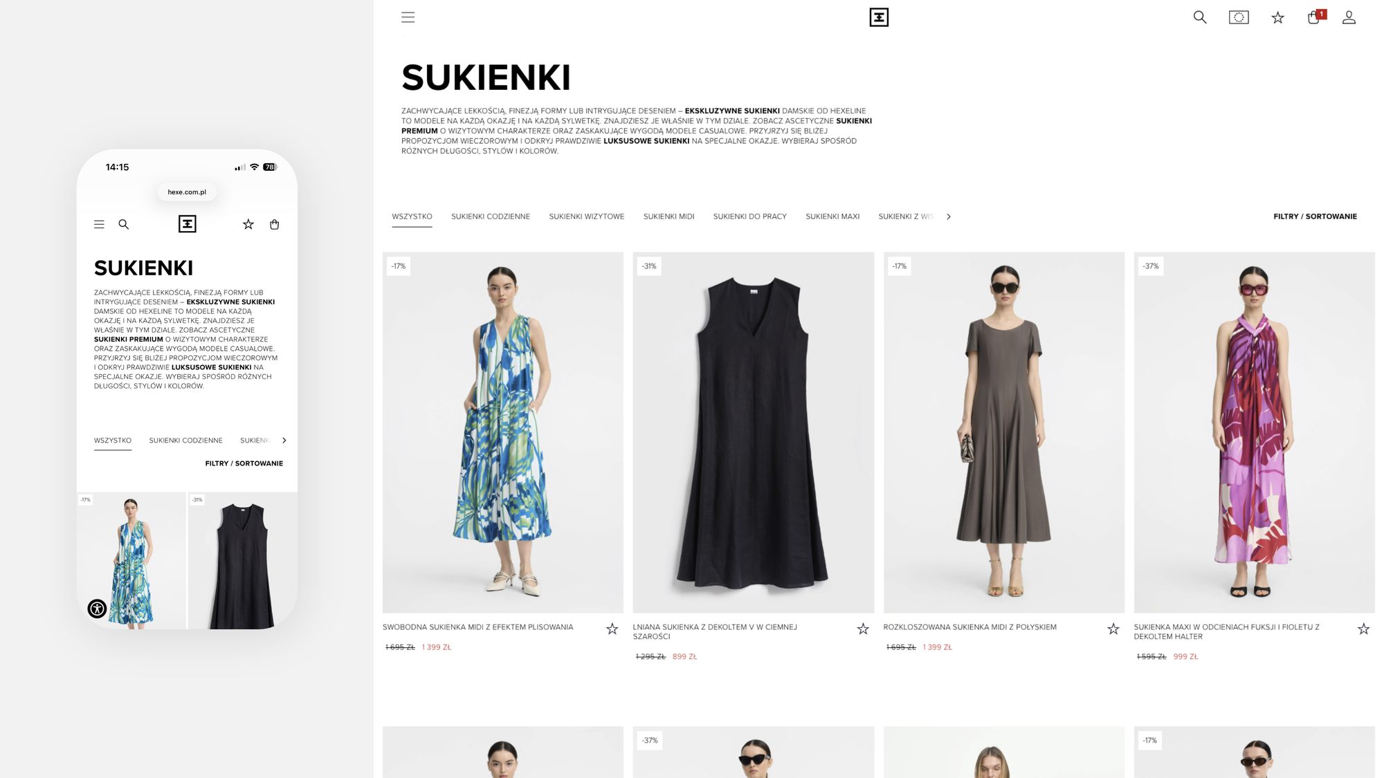Hexeline product list – desktop and mobile
