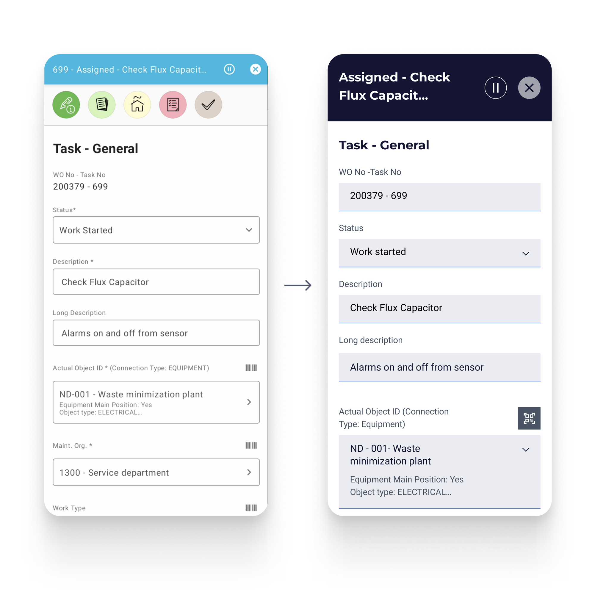 App screens before and after.