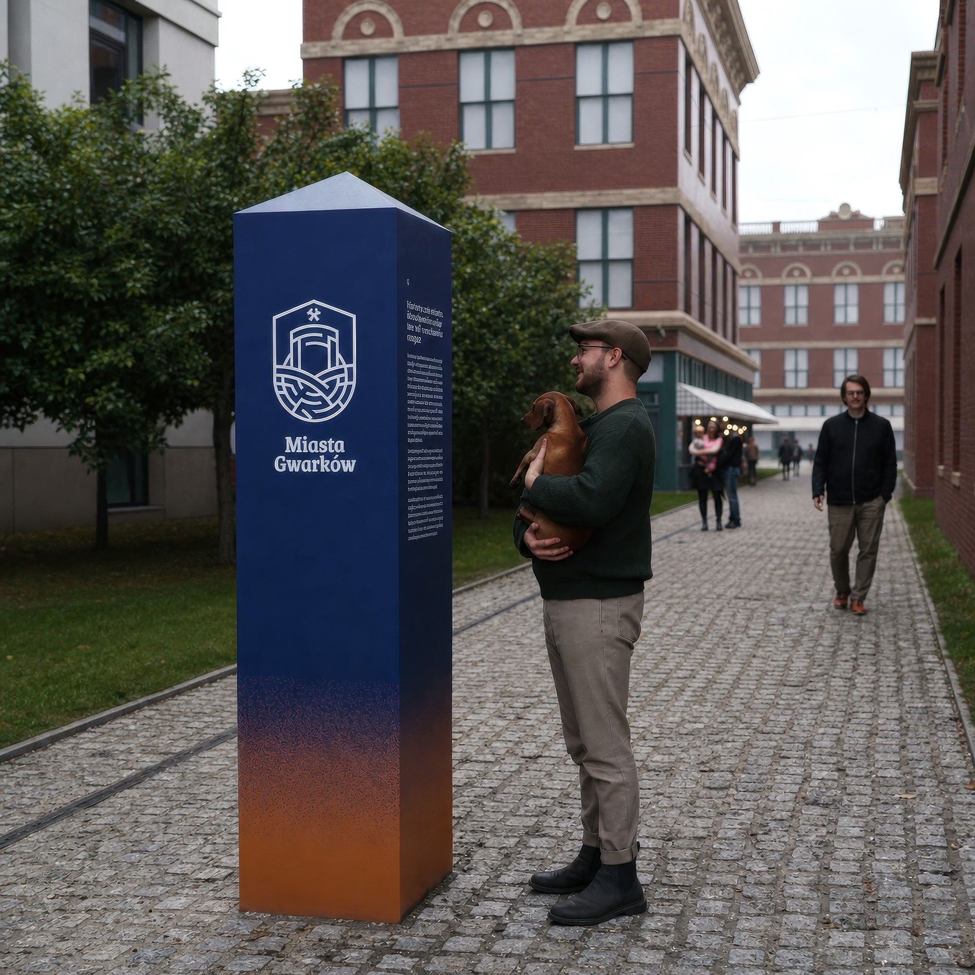A man holding a dachshund reads the information post on a cobbled street among brick tenements