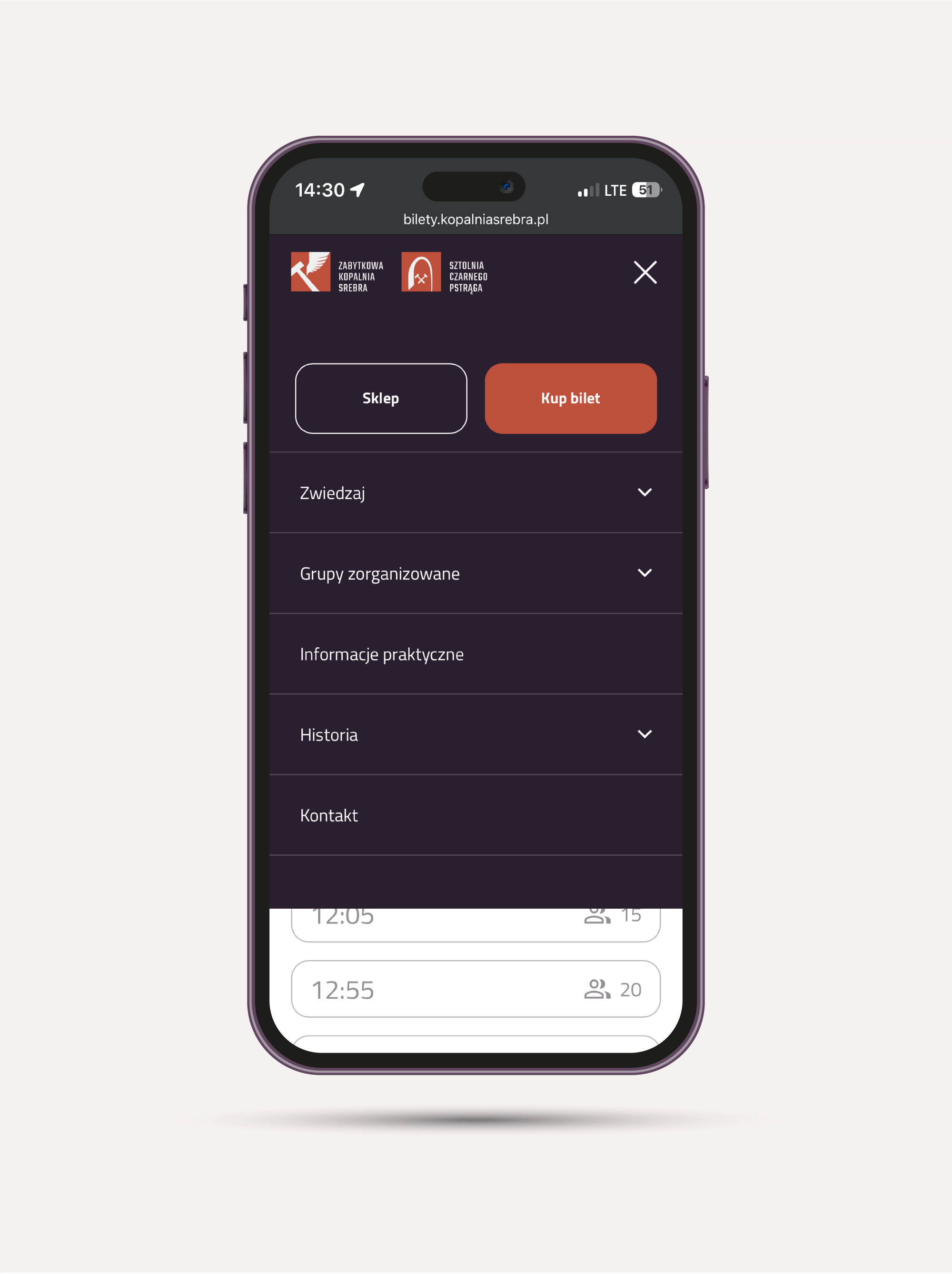 The mobile navigation of the Historic Silver Mine website