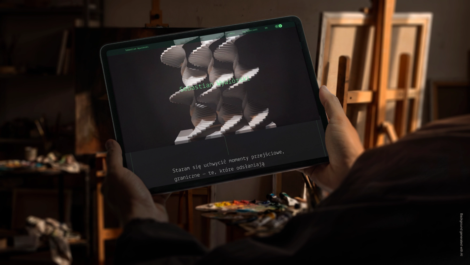 Studio interior – a man holding an iPad, looking at Sebastian Wywiórski's website