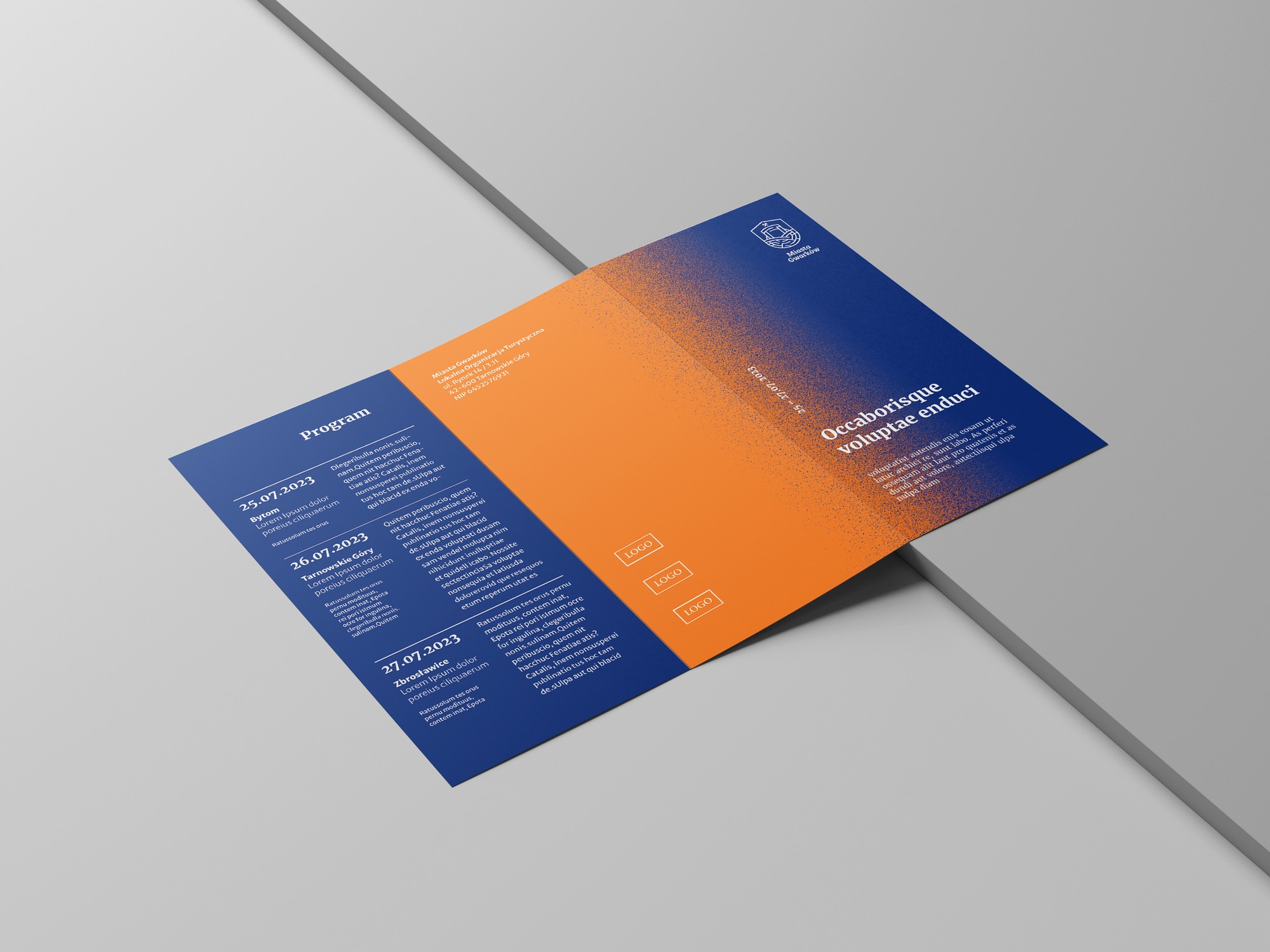 An unfolded DL leaflet with a navy-orange gradient and an events programme