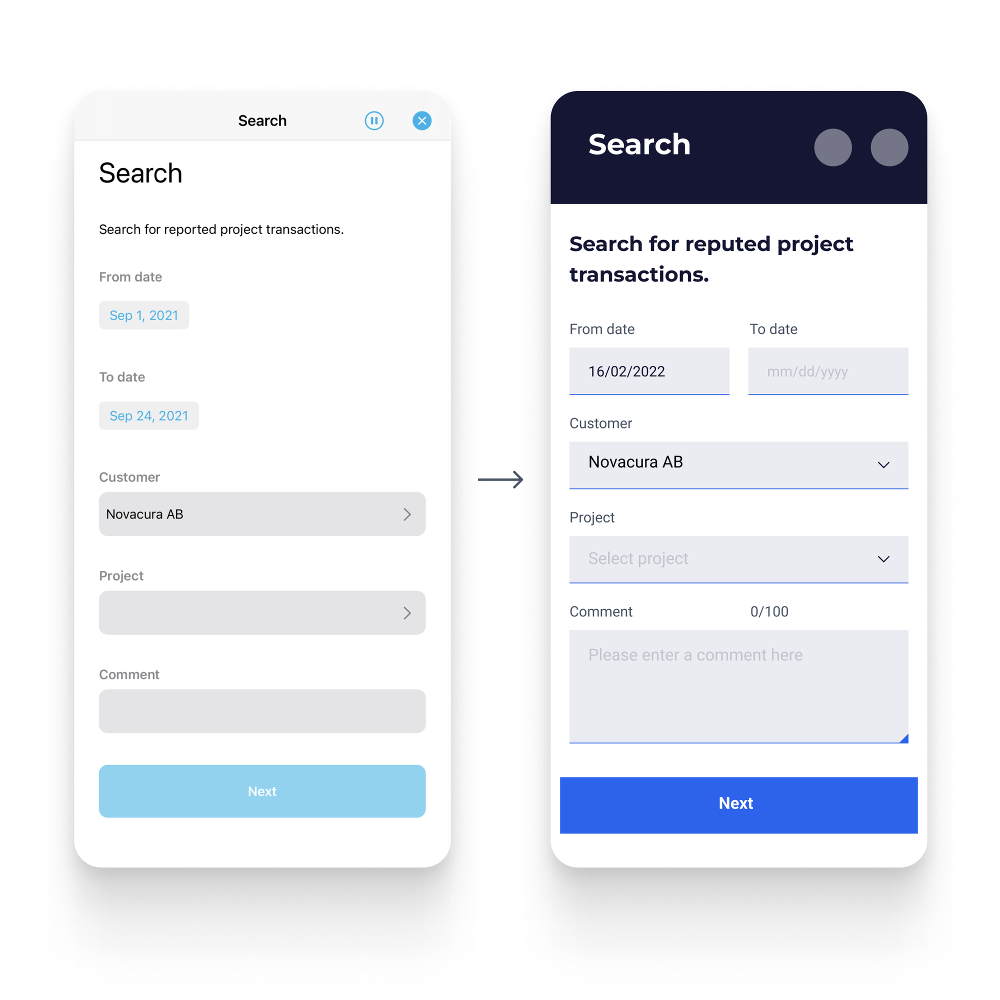 App screens before and after.