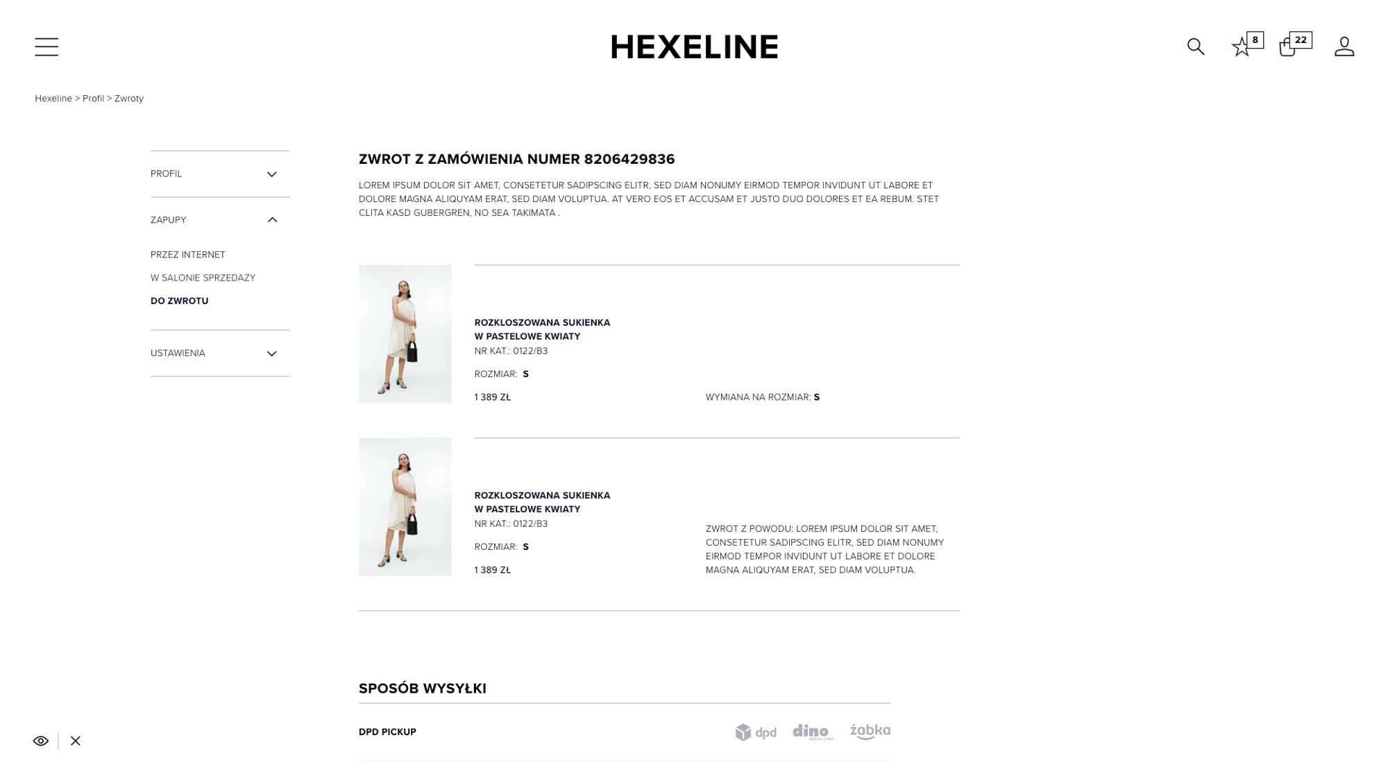 Returns in the Hexeline customer panel