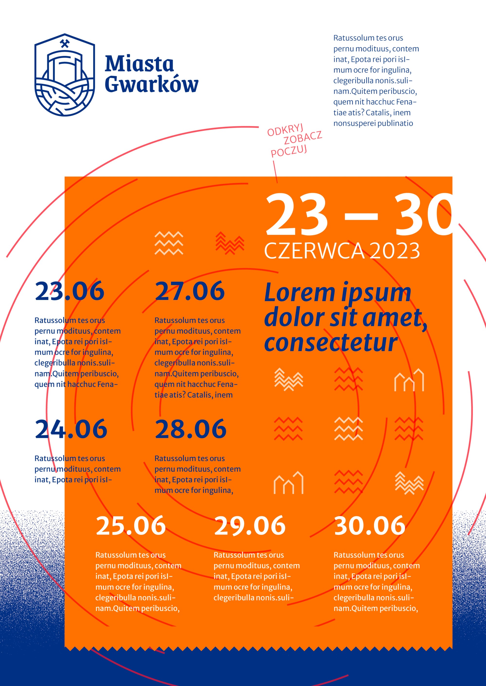 An orange playbill with a 23–30 June events calendar and navy typography