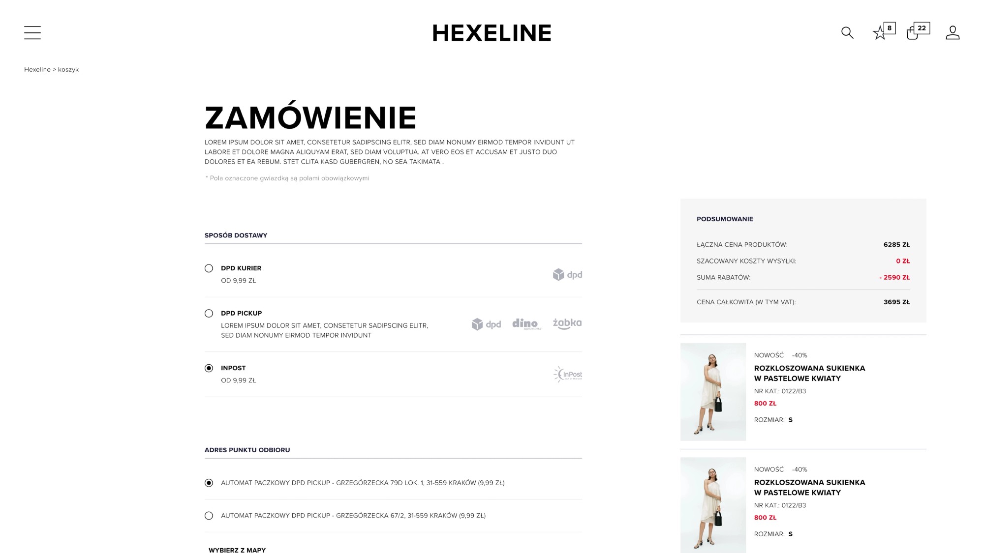 Hexeline order screen – choosing a pickup point