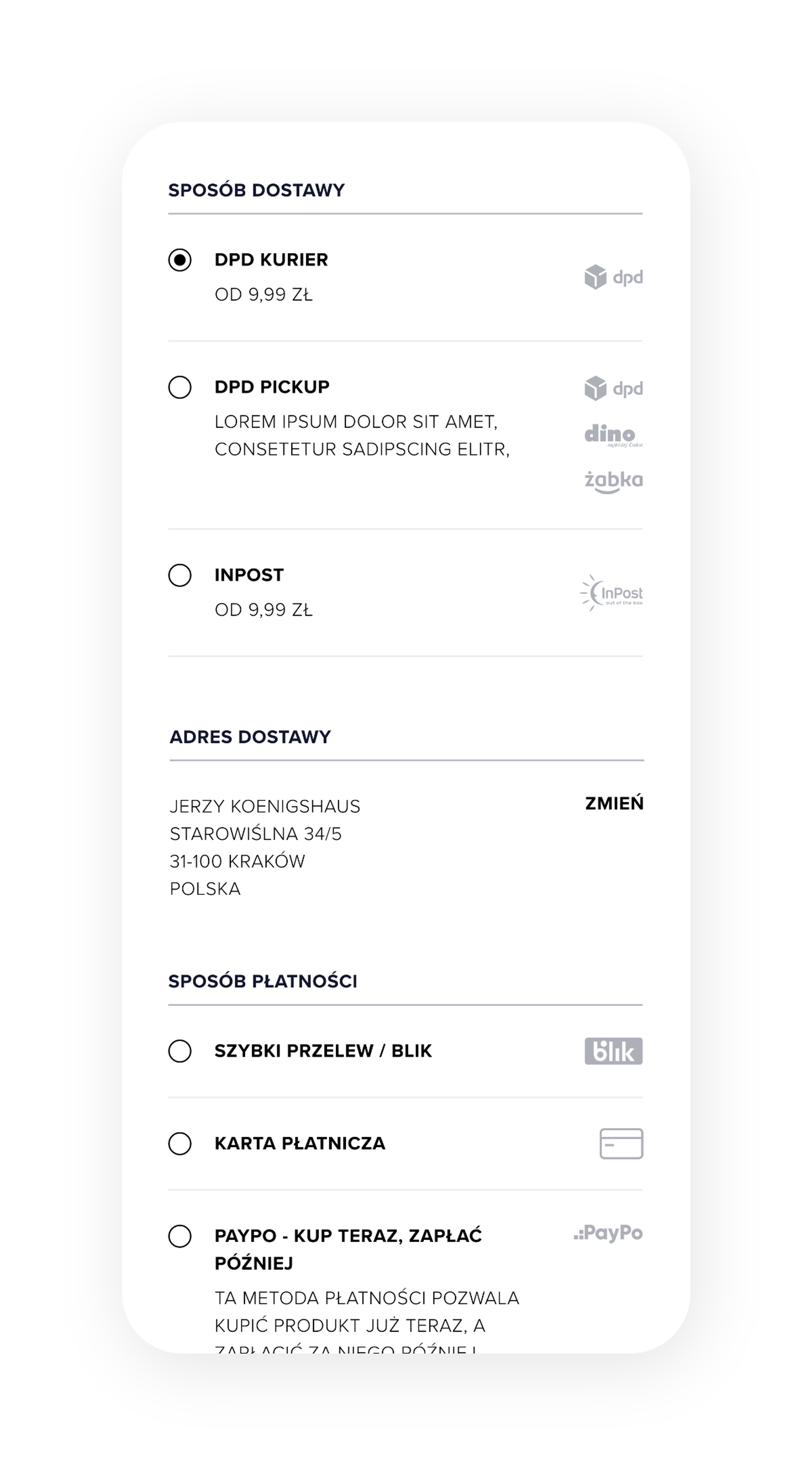 Delivery and payment in the Hexeline mobile checkout