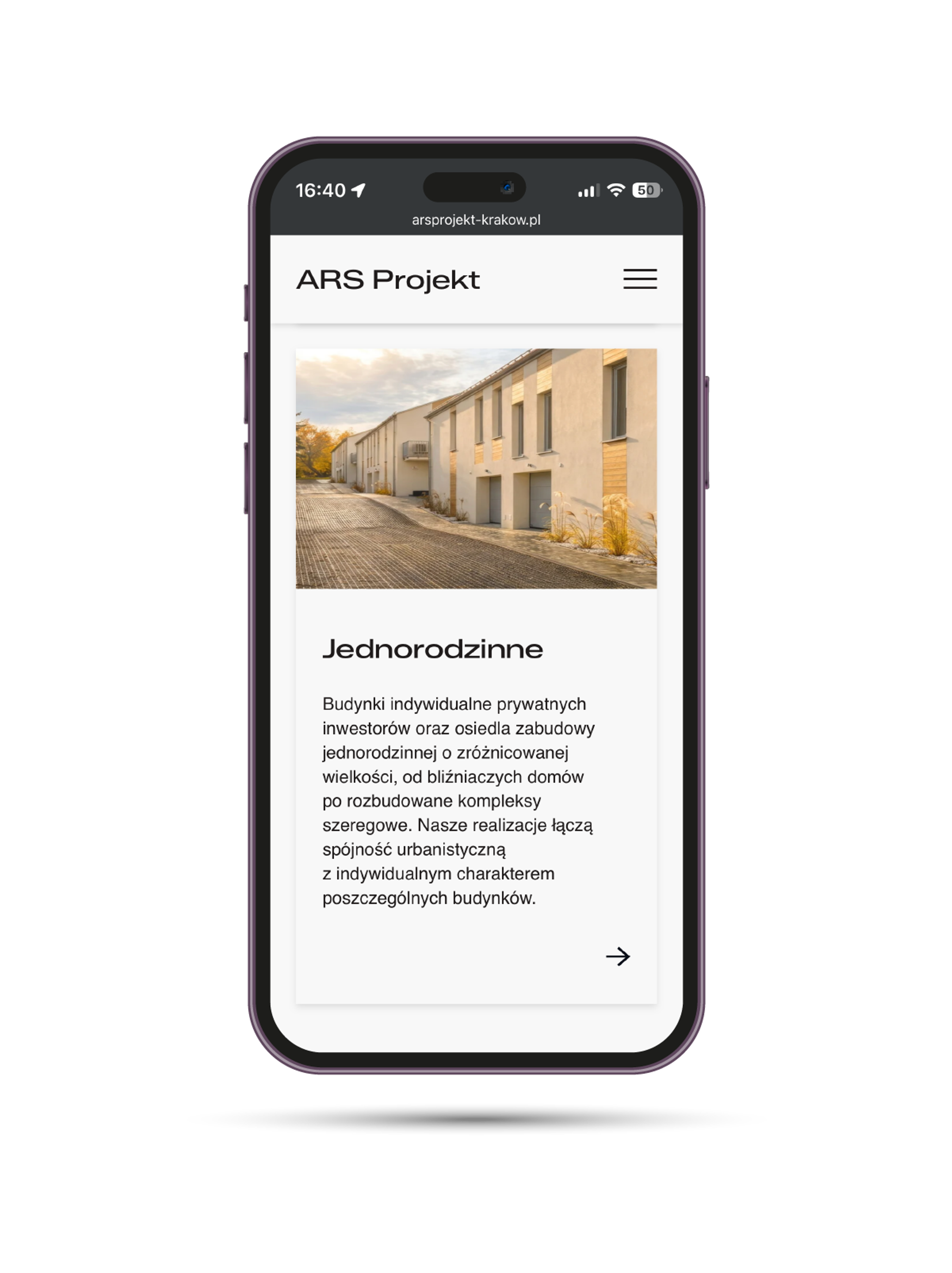 widok strony ars projekt na mobile