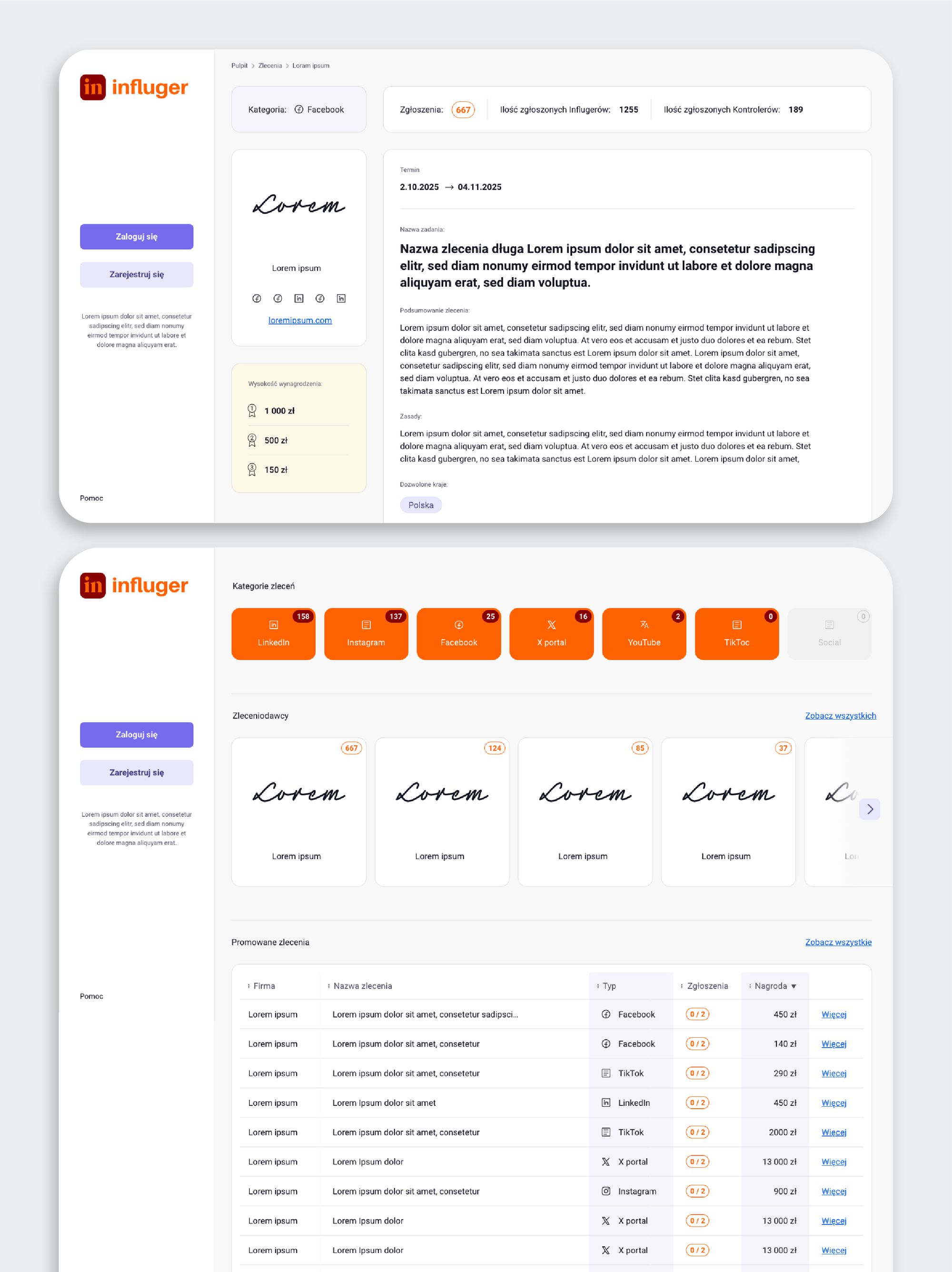Desktop layout of the Influger app