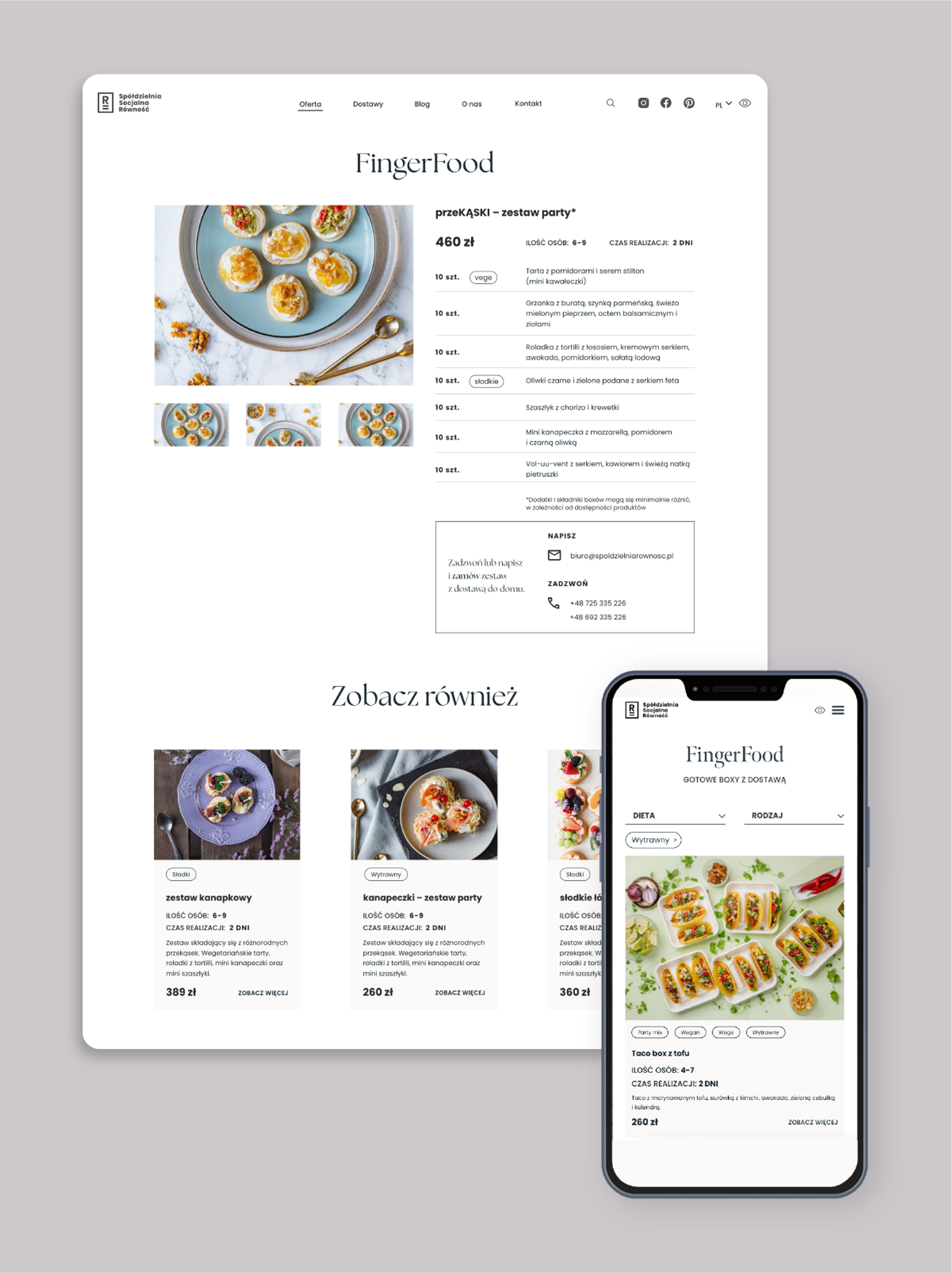 The finger food page on desktop and mobile – Catering Równość