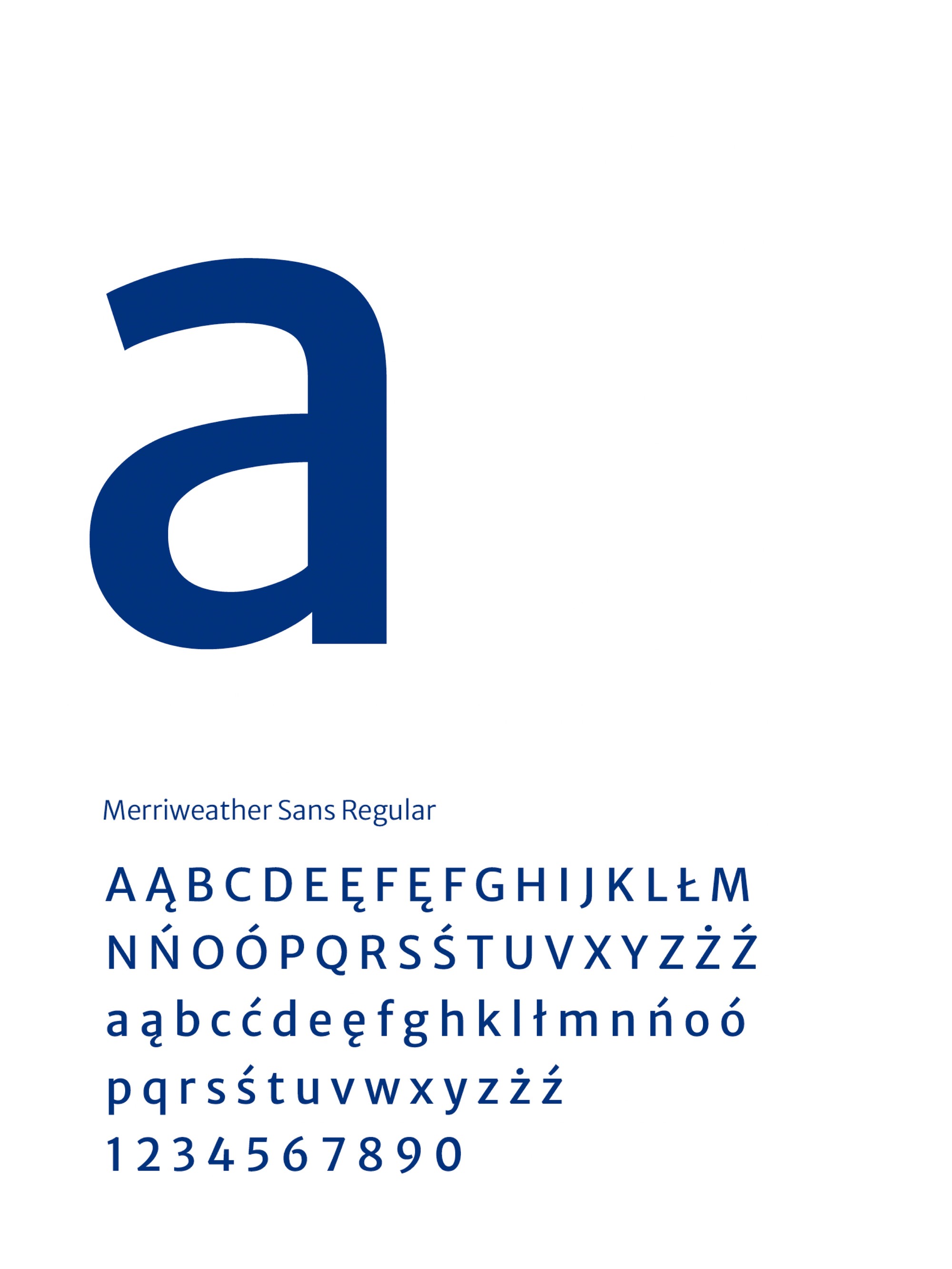 Type specimen: letter “a” and the Merriweather Sans alphabet in navy