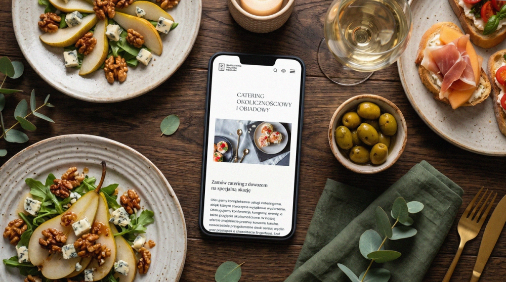 Table with finger food and a phone showing the catering offer