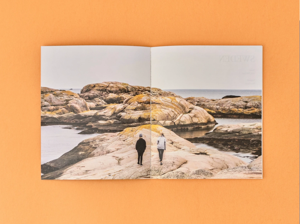 Annual report spread with a photograph of coastal rocks