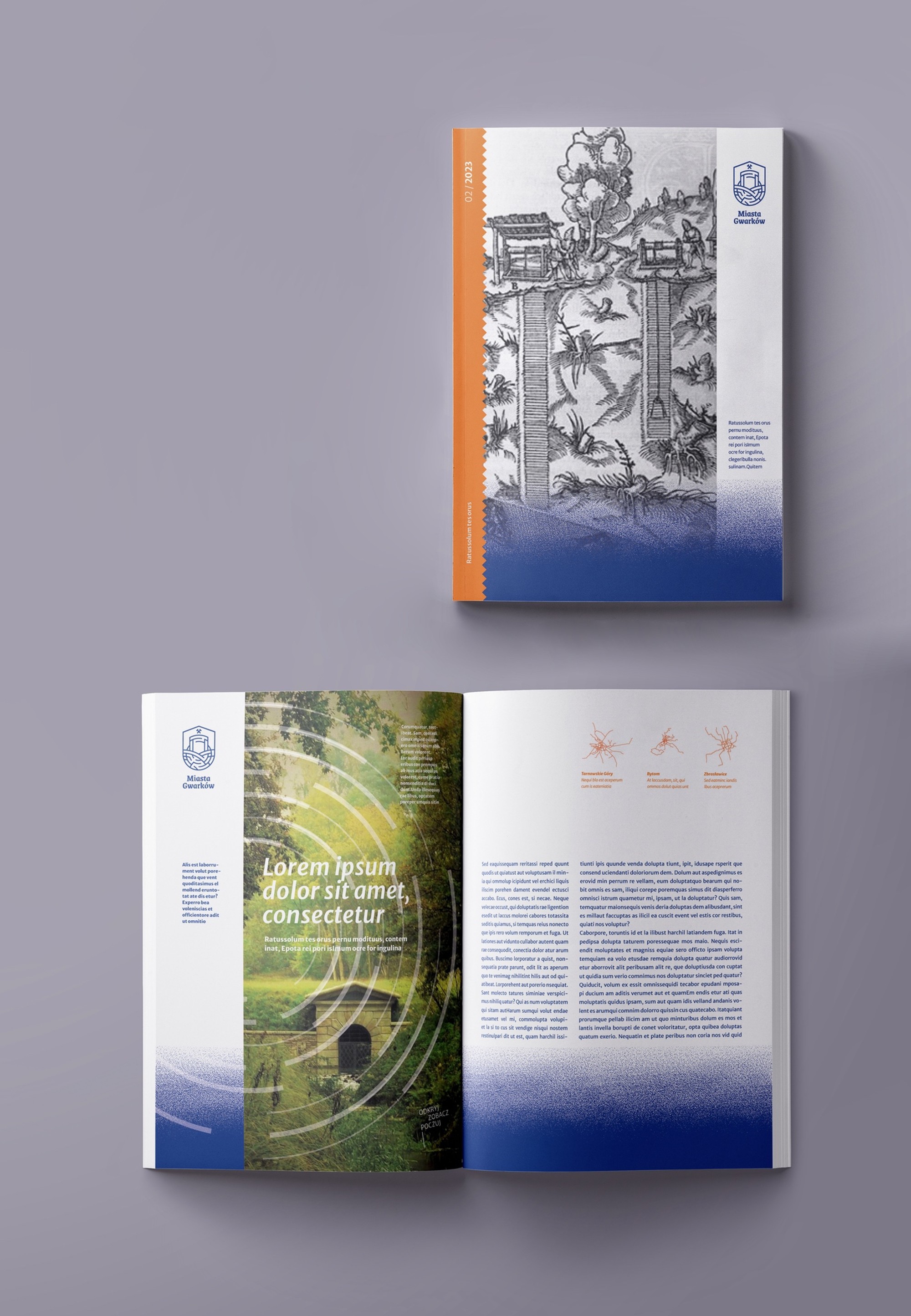 A brochure cover with a historic mining engraving and an open spread with a forest photograph