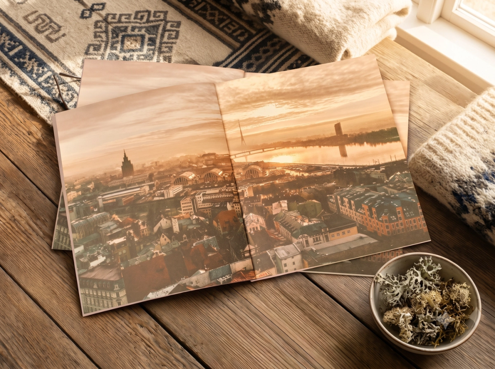 Annual reports laid out on a wooden table