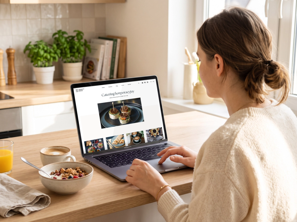 The Równość catering site open on a laptop in a kitchen