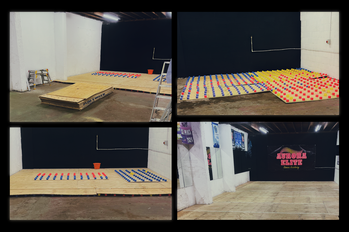 four pictures of a room with a sign that says aurora elite