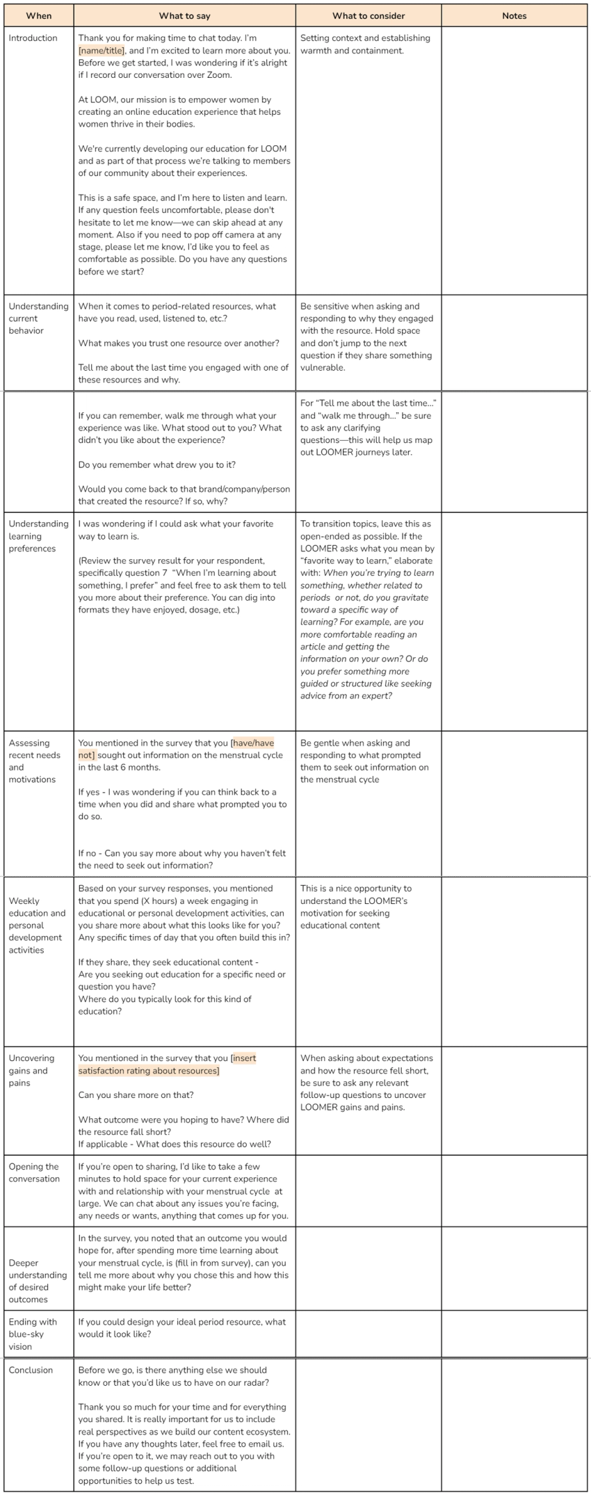 User interview guide at LOOM
