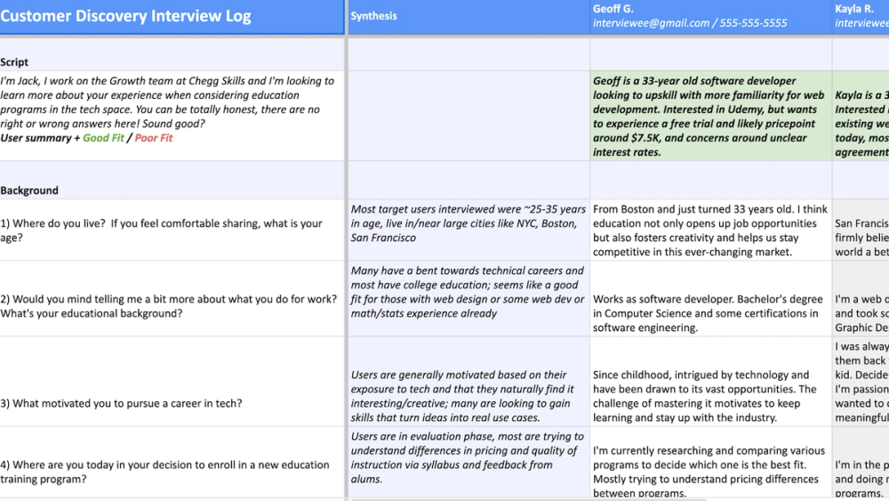 Image of Customer Discovery Interview Log at Chegg