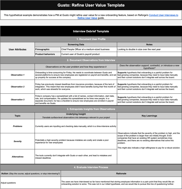 User Value Matrix Refine user value template: Gusto example