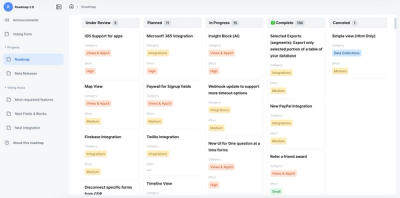 Public product roadmap at Formaloo