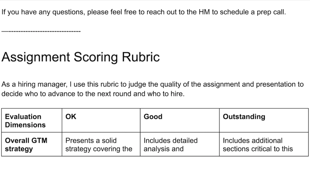 Image of Product Marketing Interview Assignment and Scoring Rubric from Yi Lin Pei