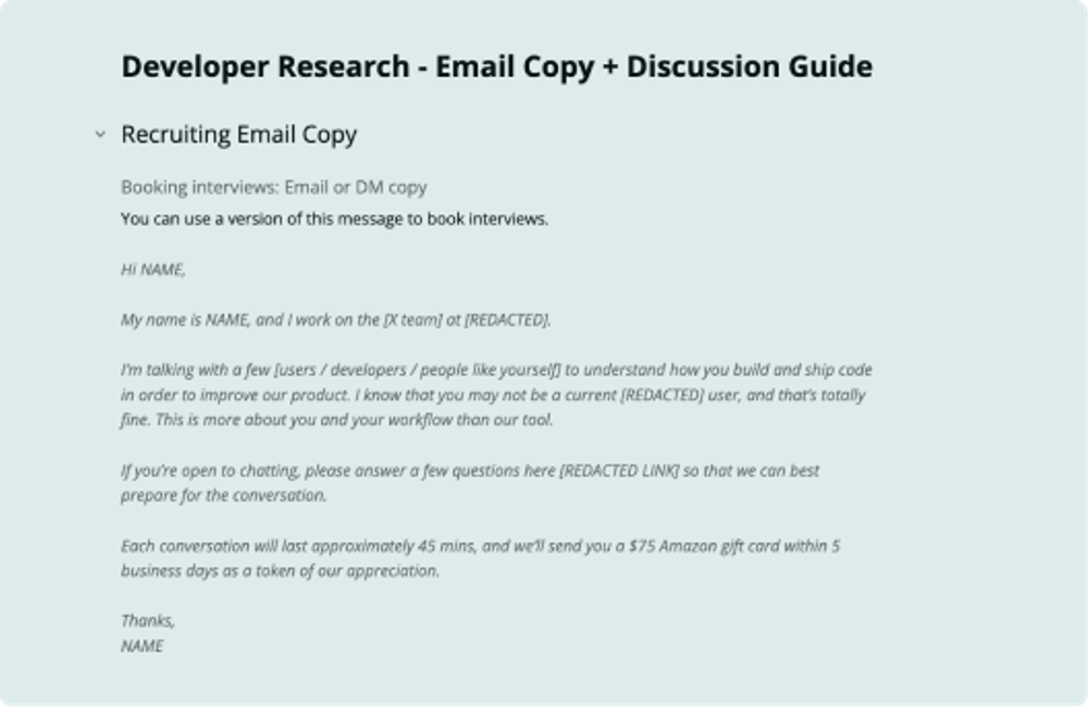 Image of Developer Research Discussion Guide + Email Copy at Stealth Startup