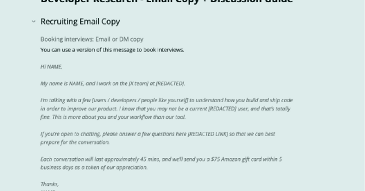 Example Of Ms Developer Program Work Email Developer Research Discussion Guide + Email Copy at Stealth Startup