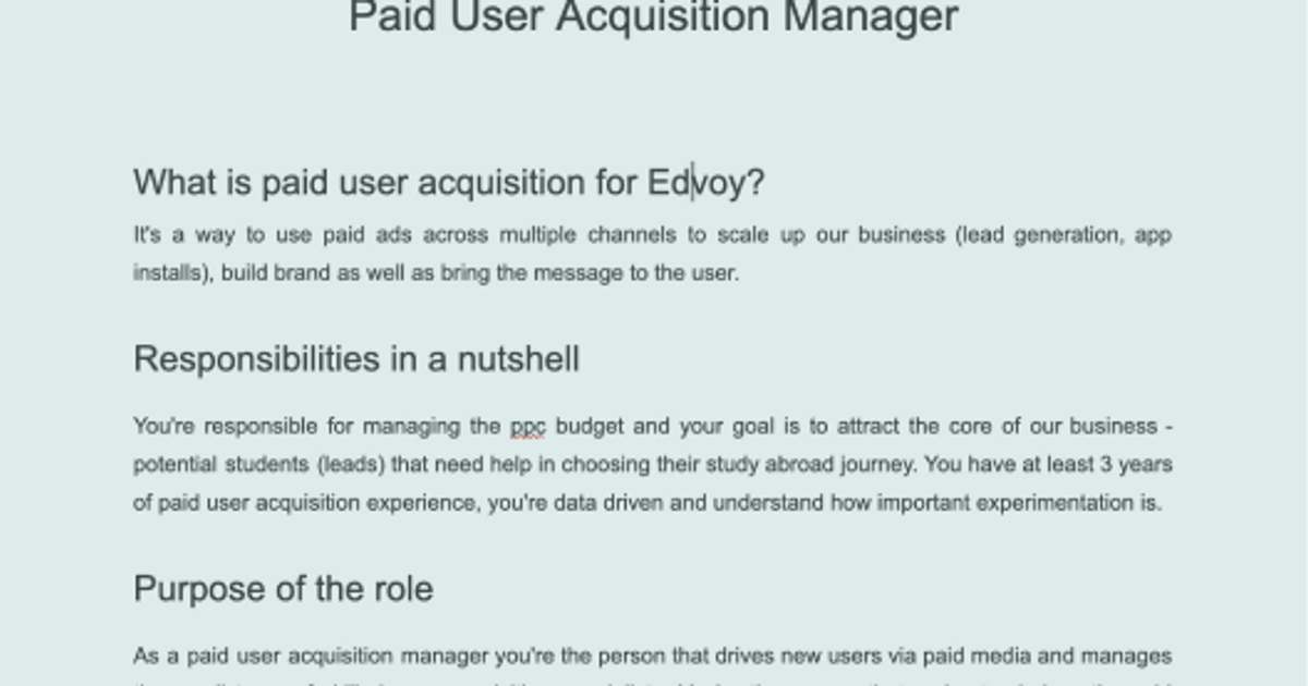 Paid User Acquisition Manager Job Description at Edvoy