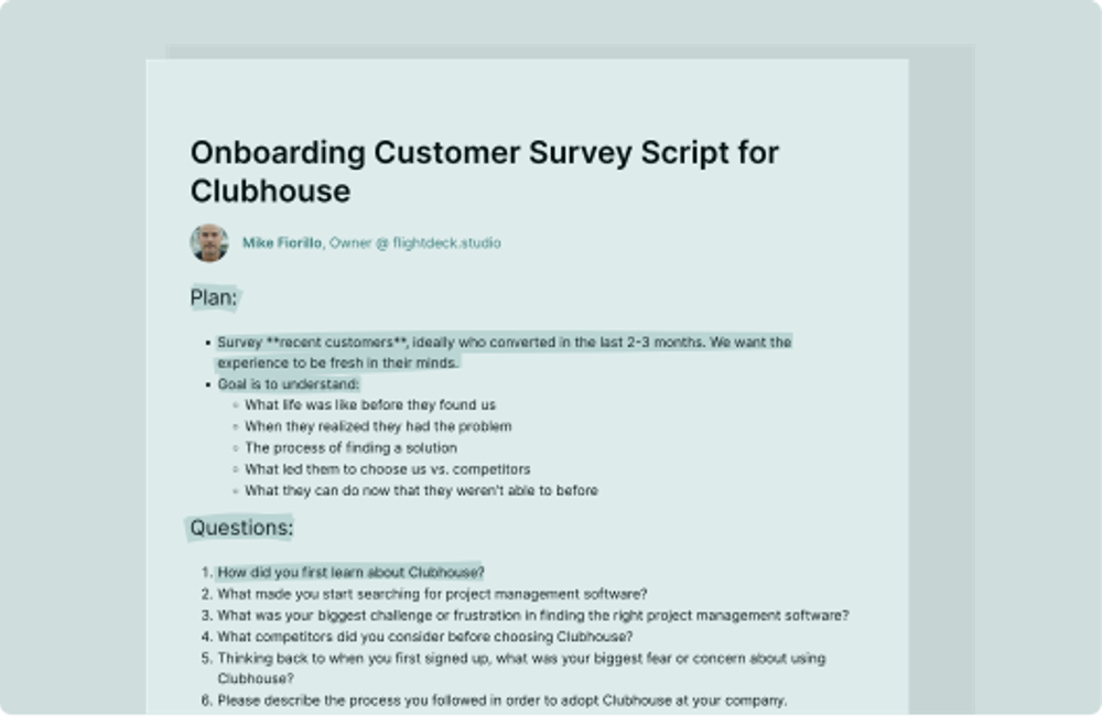 Image of Onboarding customer survey script for Clubhouse